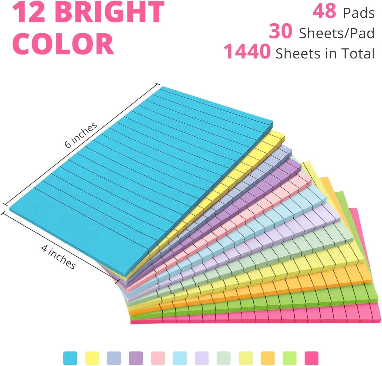 Lined Sticky Notes, 48 Pads, 4x6 Inches, Large Sticky Notes with Lines, Memo Note Pads in Multi Colors, 30 Sheets/Pad, Super Sticking Power for Office ＆ Home & Planning - Bright