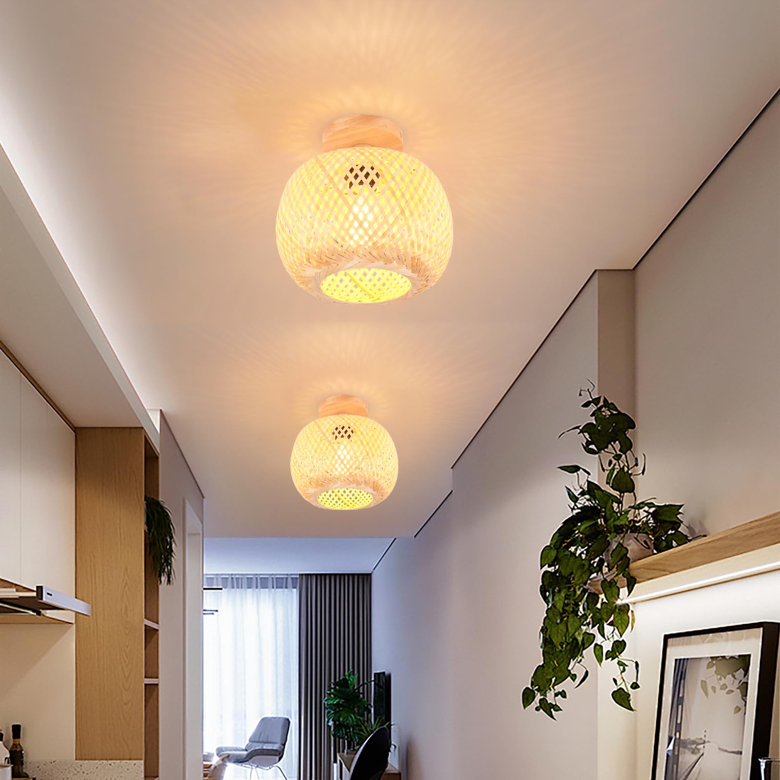 2 Stücke Deckenleuchte Bambus Weben Kronleuchter Rattan Boho Style Bambus Lampenschirm Vintage Deckenlampe Deko Deckenleuchte für Restaurant Wohnzimmer Küche, Ø25cm