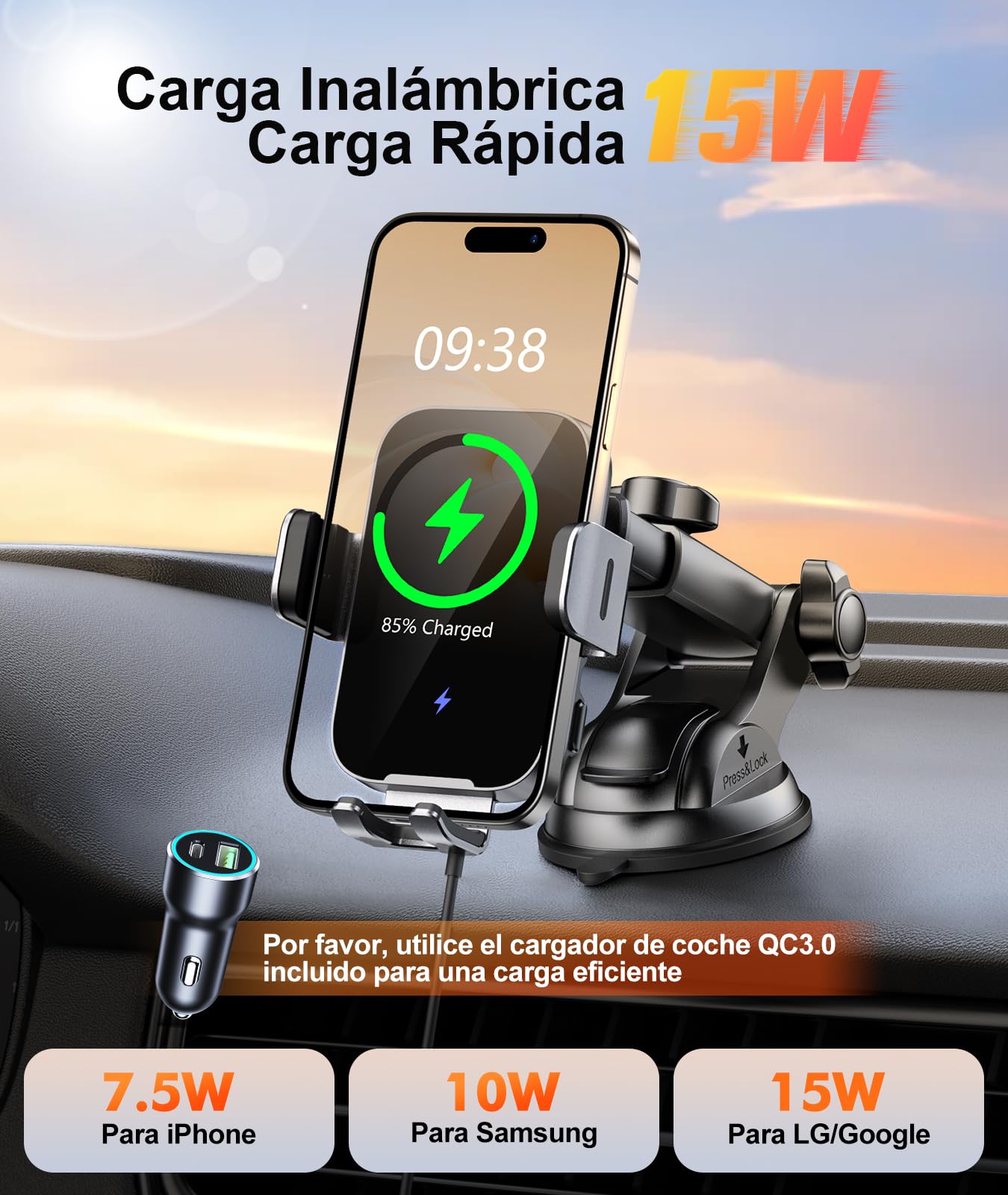 ISEYOU 15W Cargador Inalambrico Coche, [Sujeción Automático] Soporte Movil Coche Cargador Inalambrico, Wireless Car Charger con Ventosa y Clip de Ventilación, Compatible con iPhone 17/16/15/14, etc.