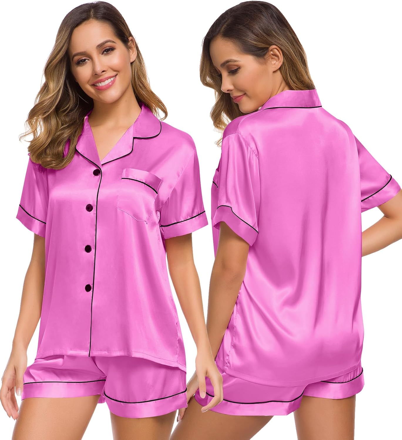 SWOMOG Womens Silk Satin Pajamas Set Short Sleeve Sleepwear Button Down Top and Shorts Loungewear 2 Piece Pjs Set XS-3XL