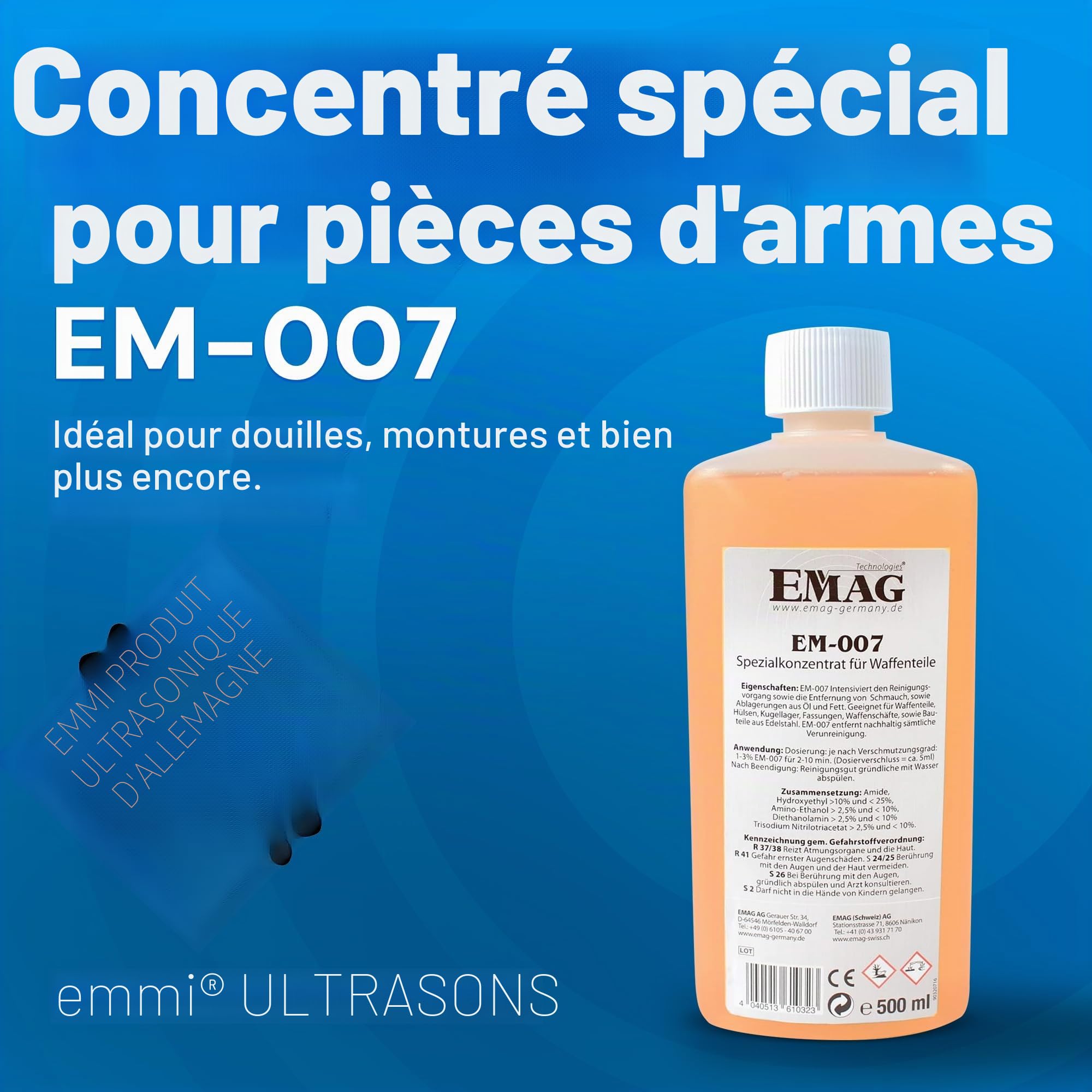 EMAG Nettoyant universel EM-007 I Nettoyeur à ultrasons spécial pour pièces d'armes, manchons, douilles, etc. I Élimine toutes les impuretés I 500 ml