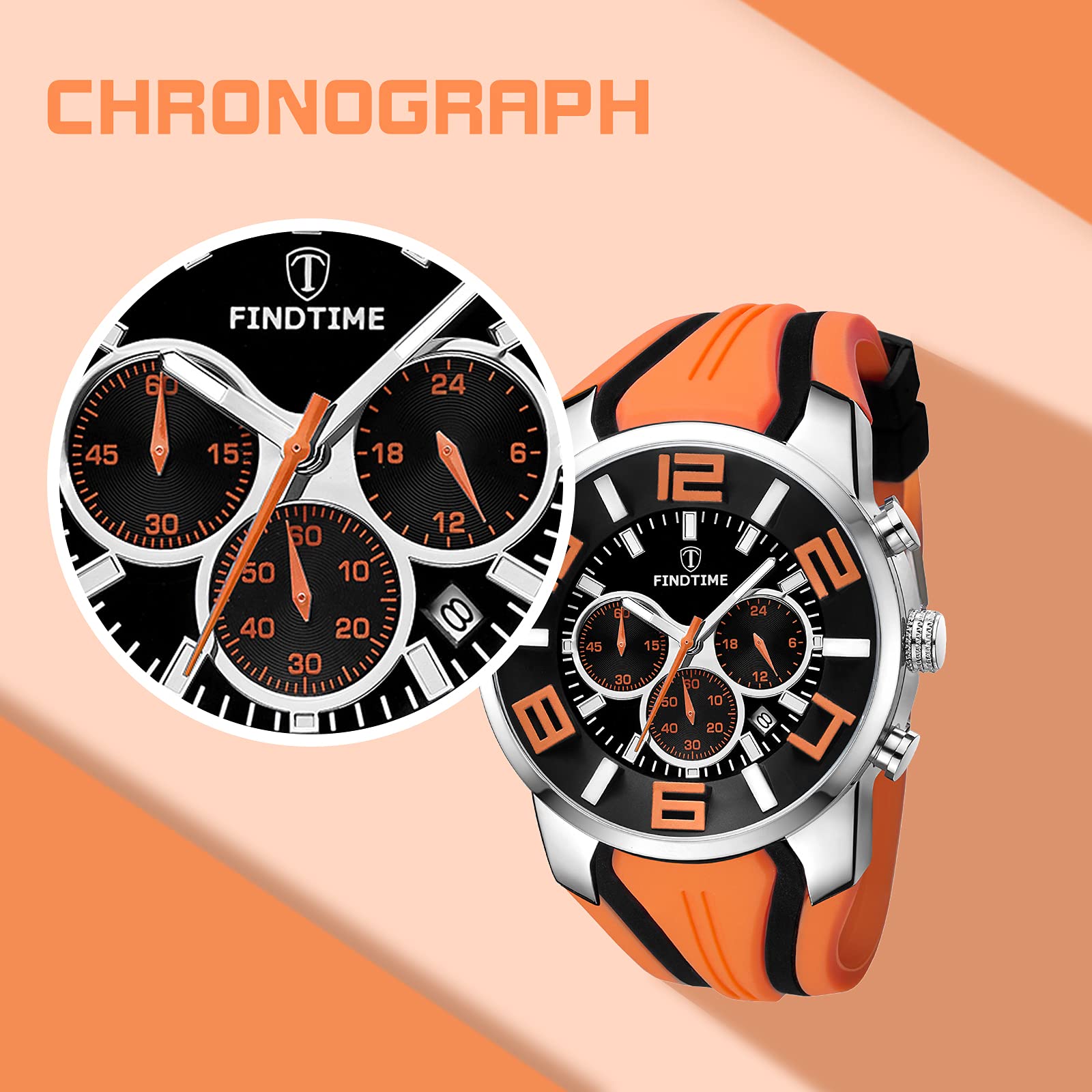 findtime Montre de sport pour homme - Chronographe militaire - Analogique - Quartz - Silicone - Grand chiffres - Date - Minuteur - Rouge