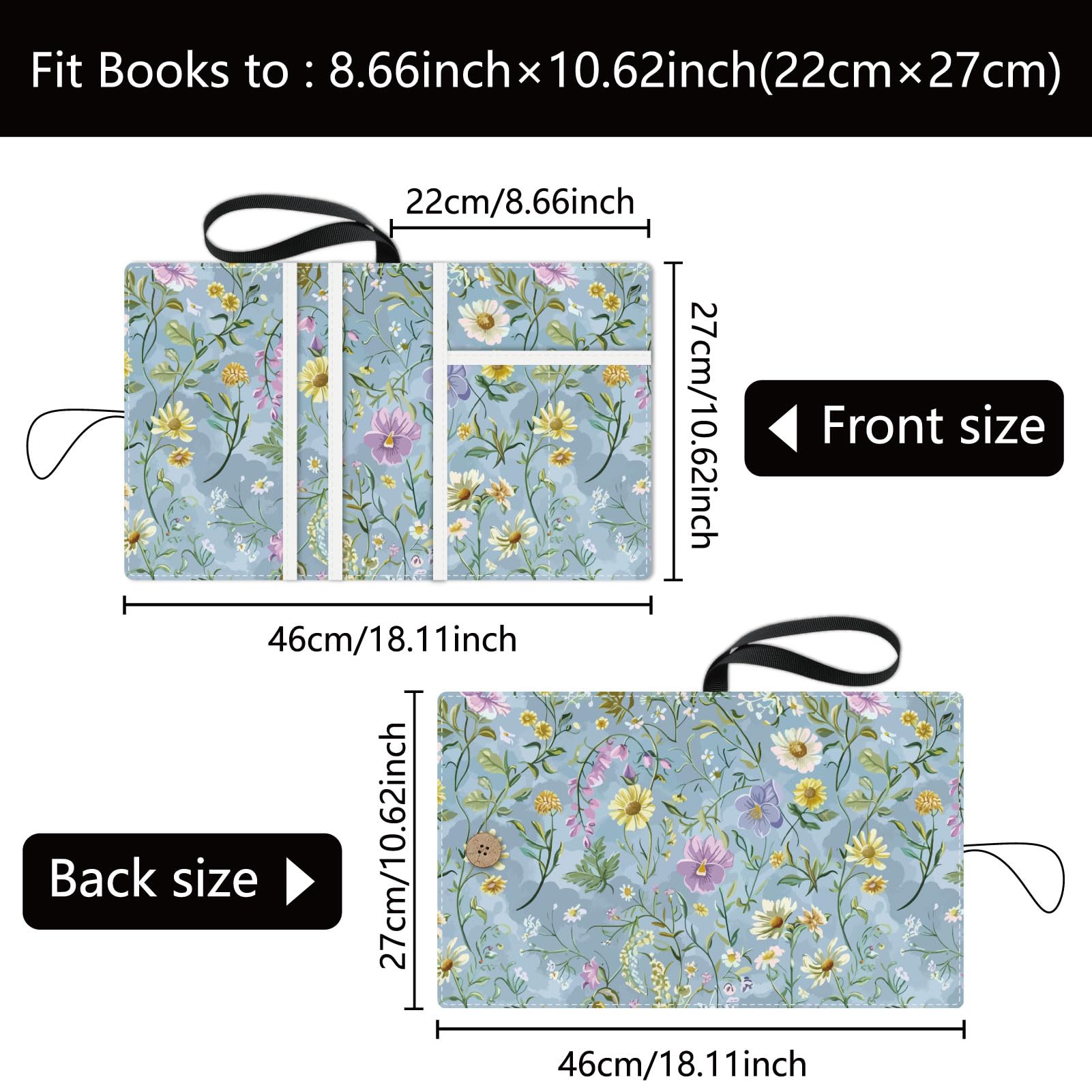 CRASPIRE Flower Book Covers Plant Book Protector Greyish Blue Multilayer Book Sleeve for Paperbacks Washable Fabric Cloth Book Cover with Extra Sleeve Pocket for Book Lovers Classmate Gifts - Image 2