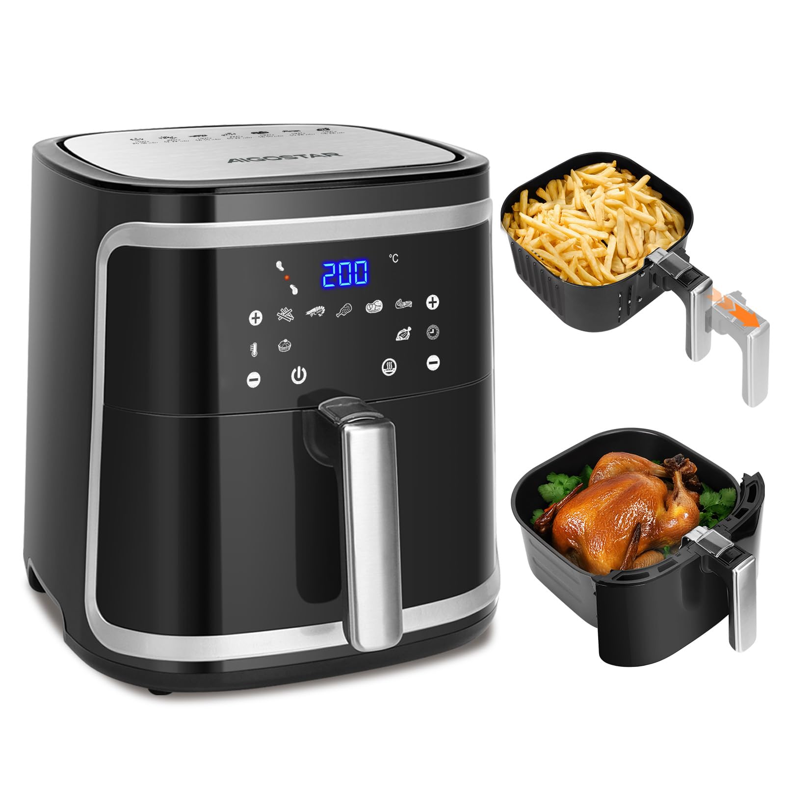 Aigostar Freidora de Aire XXL 7 Litros/2Kg, Air Fryer con Doble Cesta Independiente, Tecnología Rapid Air, 8 Programas, Función de Mantenimiento de Calor, App de Recetas/Libro de Recetas, 1900W
