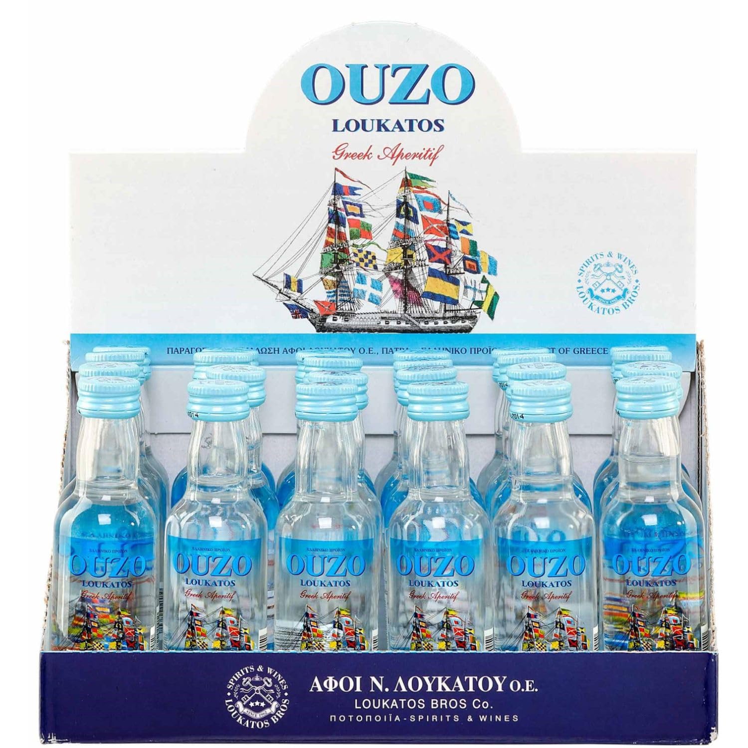 Ouzo Loukatos 24x 50ml Packung 38% Vol. | Milder Ouzo aus Patras | Ouzo Party Box