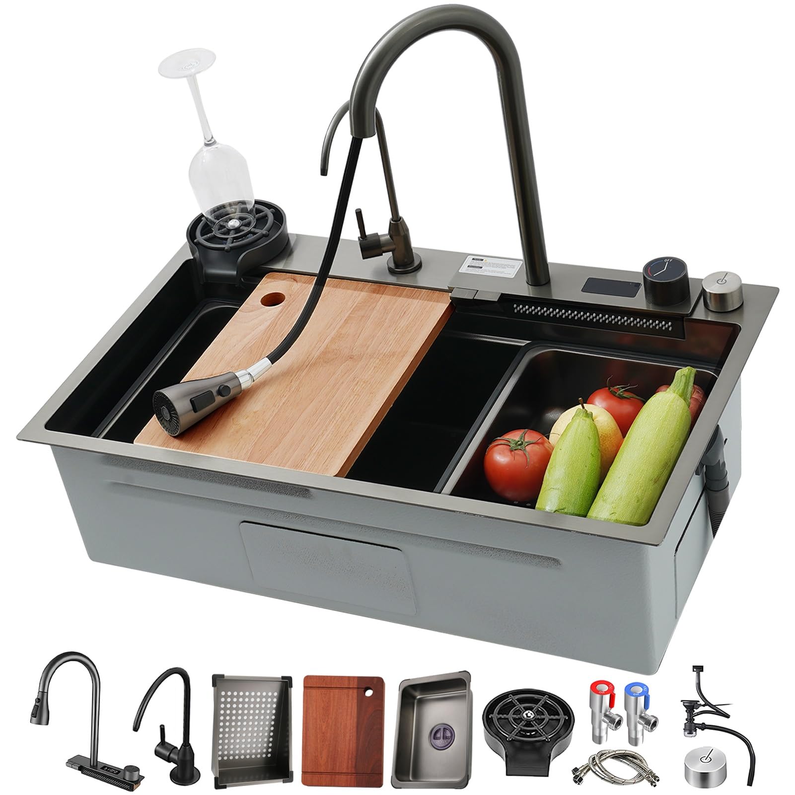 HYSOPSPX Black Stainless Steel Kitchen Sink with Temperature Display, Nano Coating Single Bowl Workstation Sink, Topmount,Waterfall Pull-Out Faucet, Cup Washer, and Knife Holder(Black-a,68x45cm)