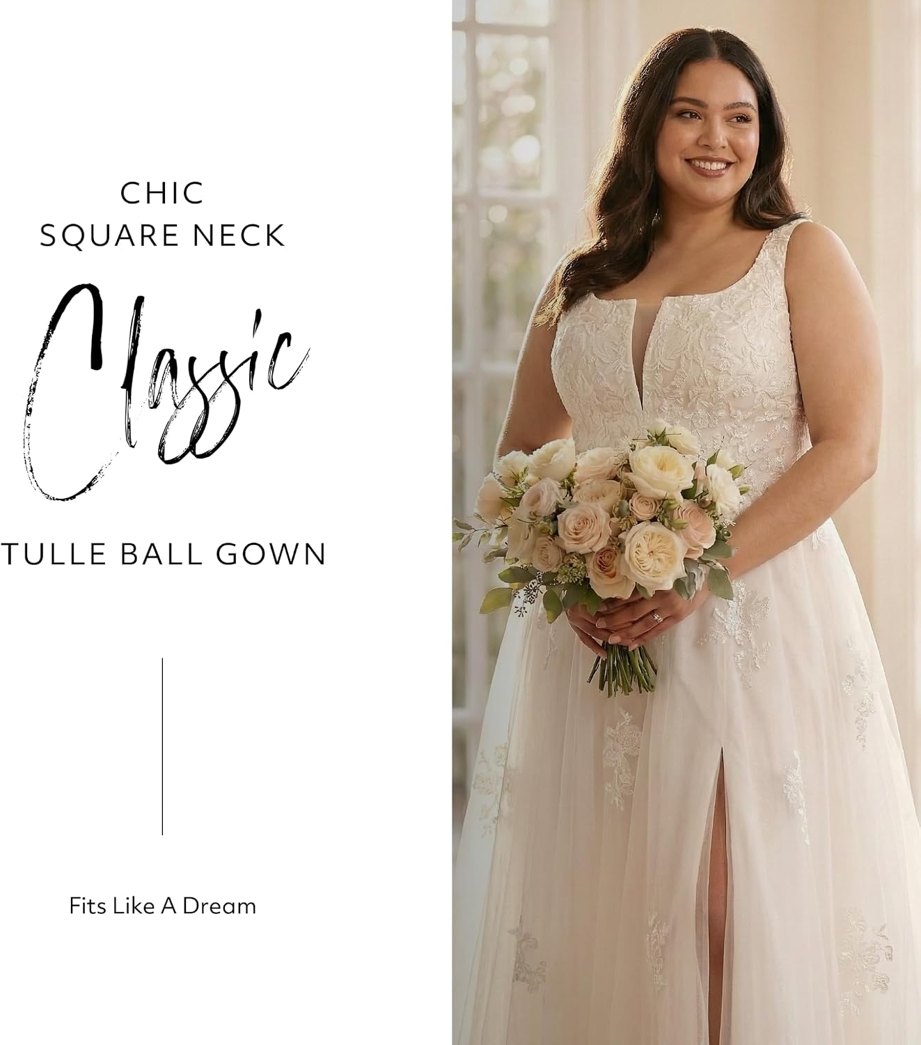 David's Bridal The Edit Square Neck Tulle and Lace Ball Gown Wedding Dress
