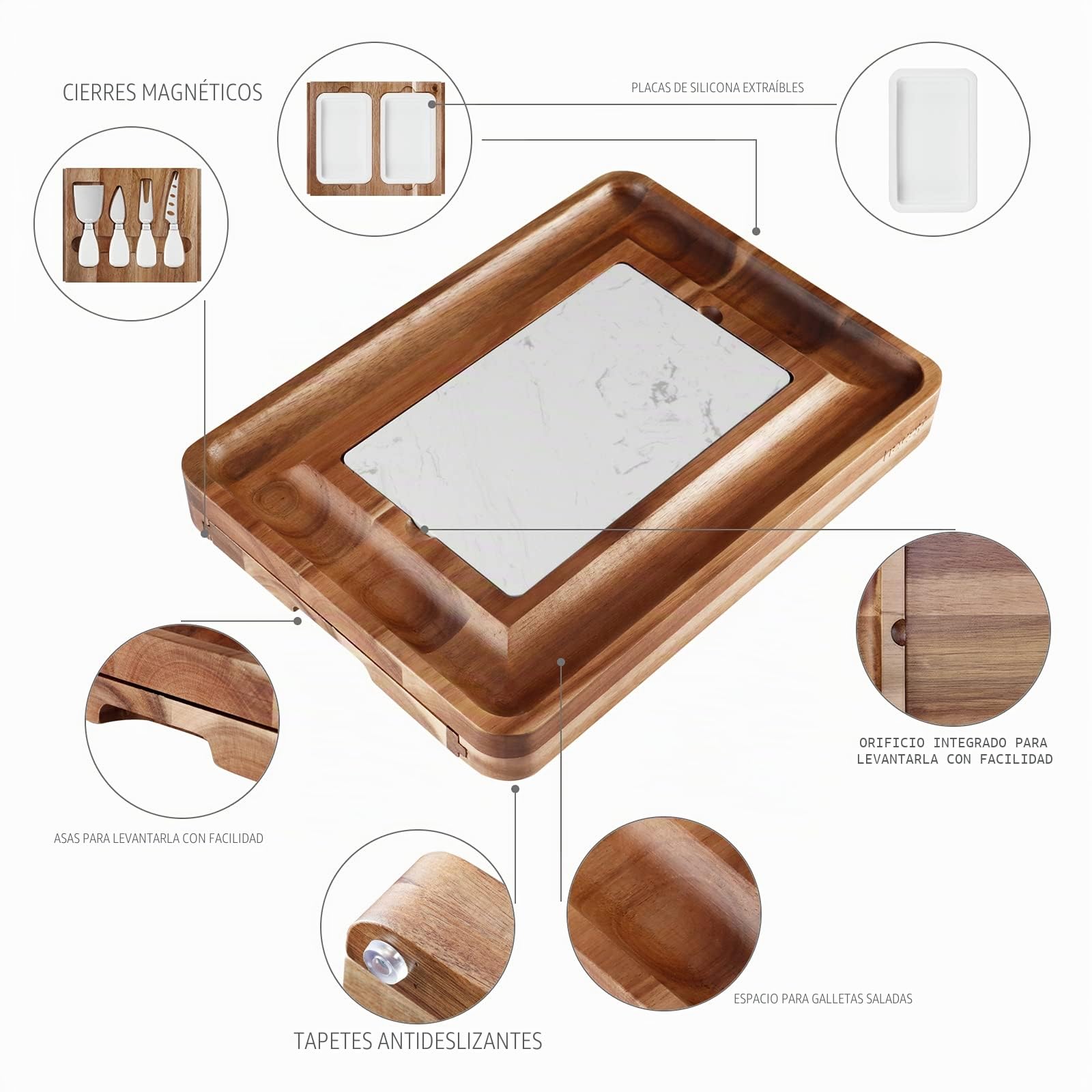 hecef Juego de Tablas de Queso de Madera de Acacia, Plato de Queso con 2 cajones deslizables, Juego de Cubiertos, Platos de Aperitivos y Pizarra de Queso de mármol, Tabla de Embutidos para Servir