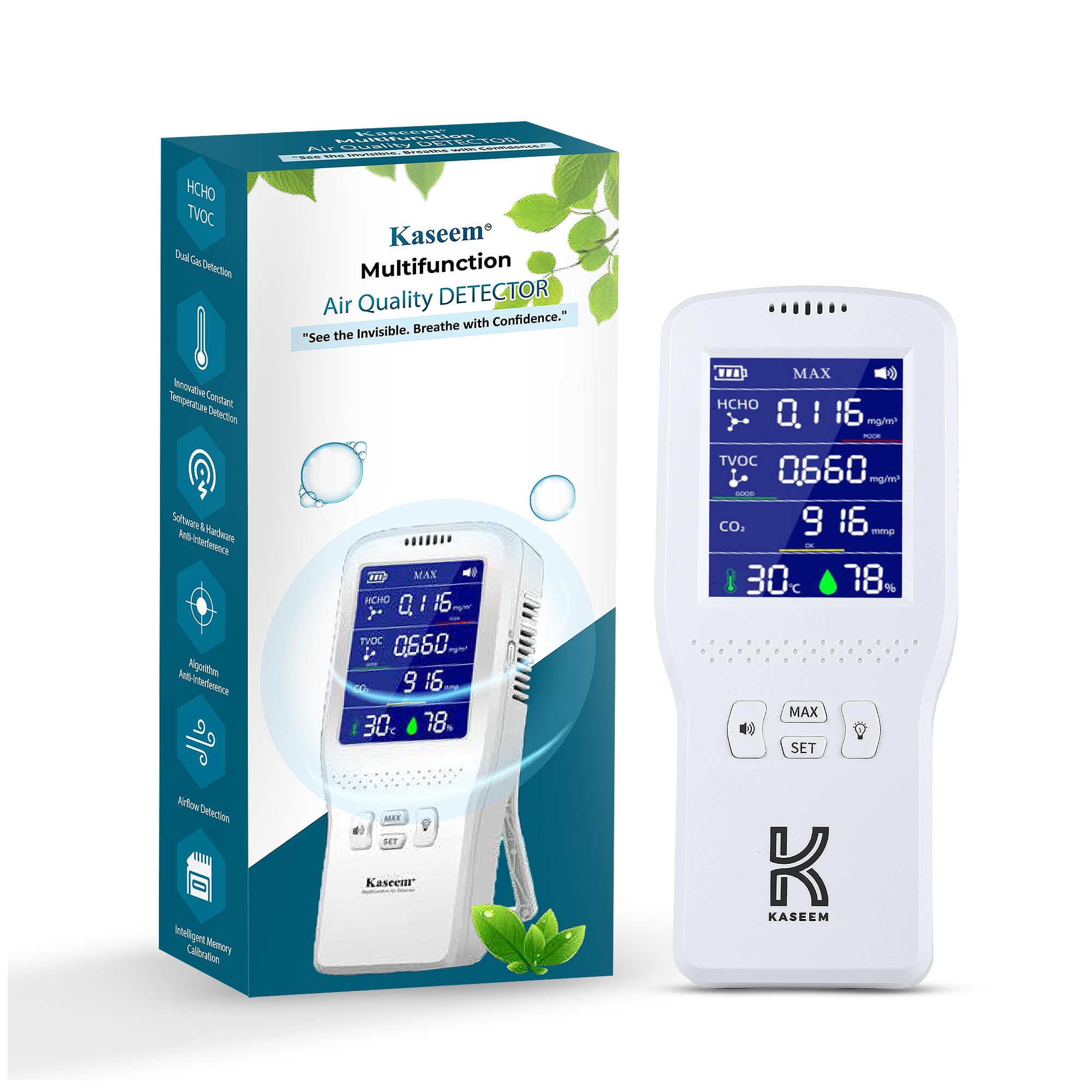 KASEEM Smart Air Quality Monitor | 11-in-1 Digital Pollution Meter for CO₂, HCHO, TVOC, Temperature & Humidity | Portable Indoor Outdoor AQI Display | 2000mAh Rechargeable | 1-Year Warranty-image-41