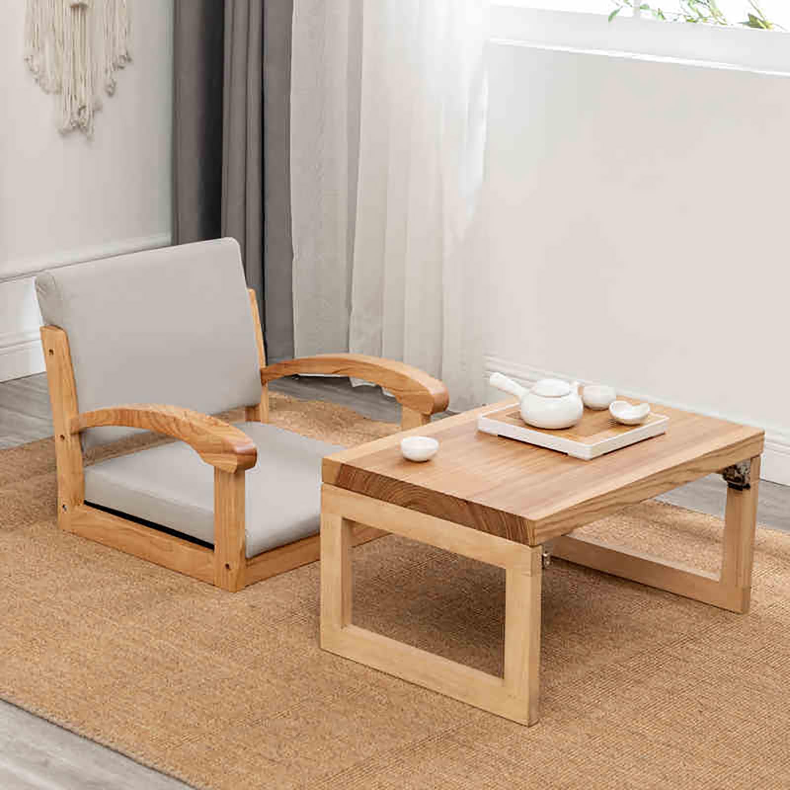 Chaise de Sol en Bois avec Dossier et accoudoirs,Chaise Tatami Japonaise sans Pieds avec Coussin,Chaise Basse Vintage pour Balcon,Salon,Chambre(Wood, Gray)