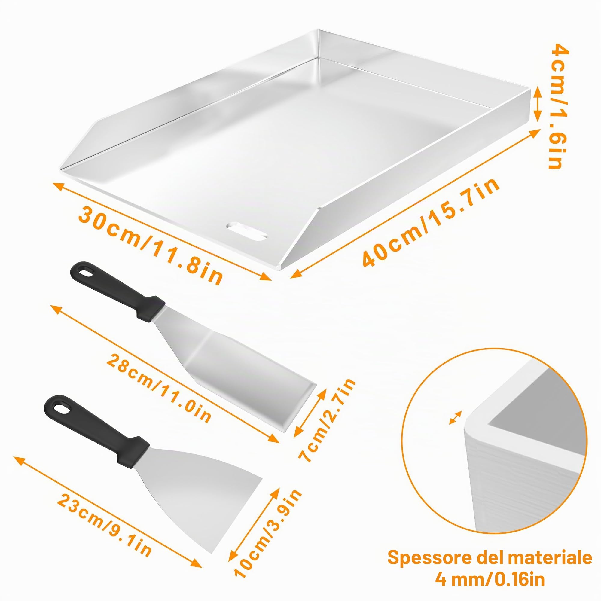 HENGMEI Piastra per barbecue in acciaio inox, universale, Plancha per barbecue a carbone e a gas, per distribuzione uniforme del calore, con spatola inclusa (30 x 40 cm)