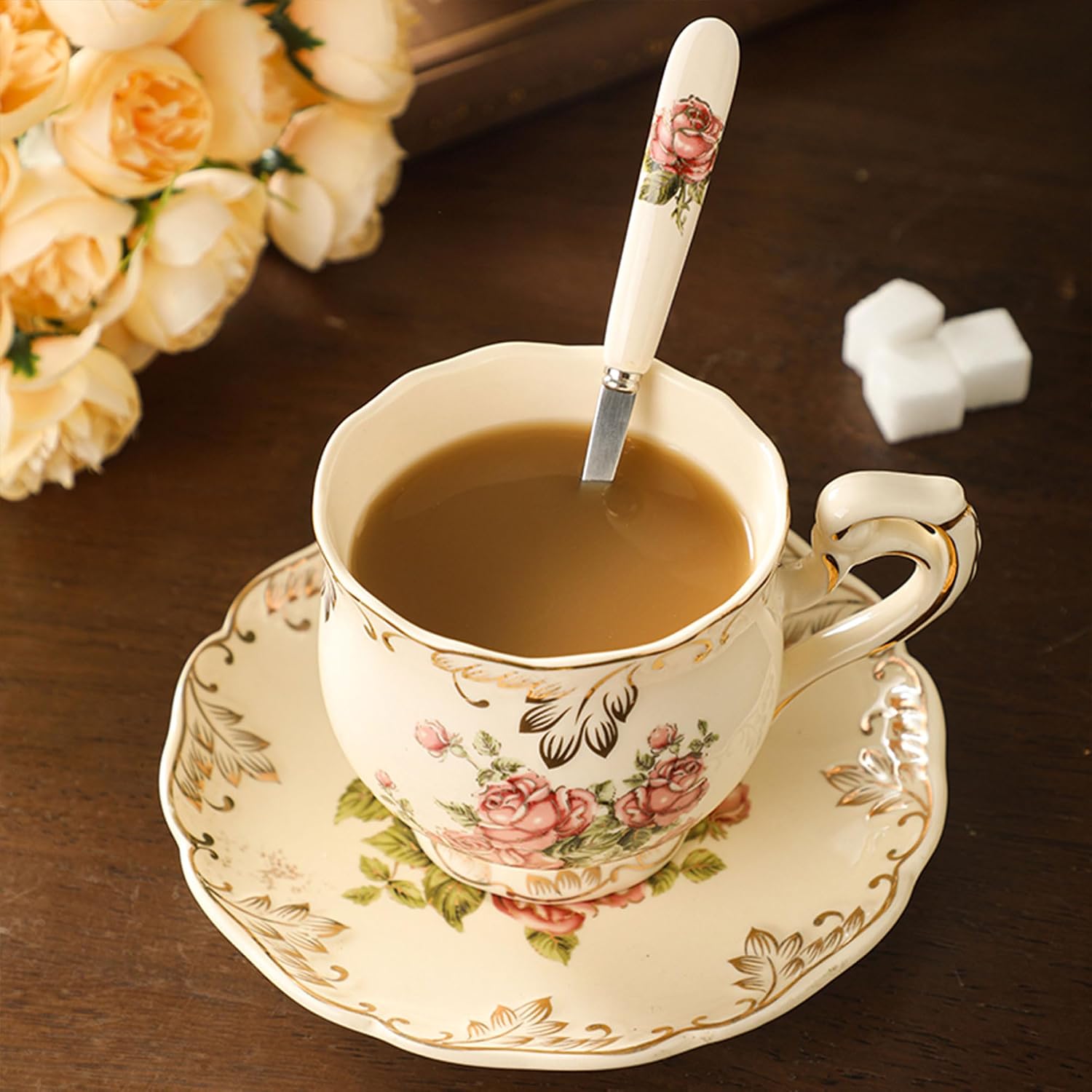 Tea Cups and Saucers Set of 6, 8 Oz Ivory Porcelain Teacups with Pink Rose Floral Pattern, Trim Vintage European Style Teacup Sets with Spoons for Afternoon Tea & Home Entertaining