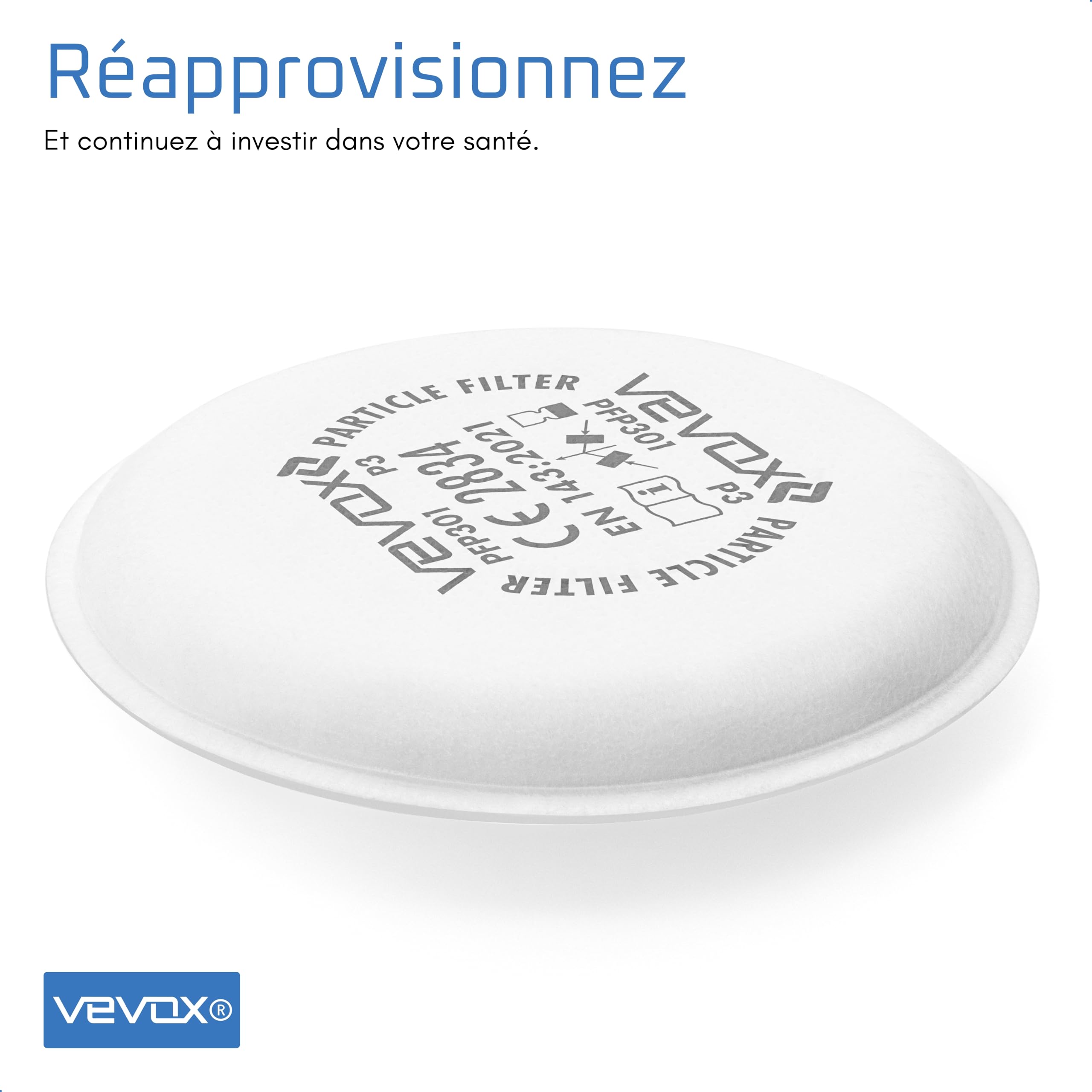 VEVOX® P3 Filtre à Particules en Set de 10 - Protection Contre Les Particules & aérosols - 99,5% d'efficacité de Filtration des Particules & aérosols (0,6μm) - 2 x conteneurs en Plastique Inclus