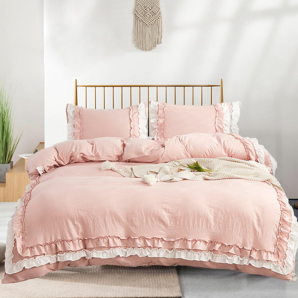 Wotcsil Pink Ruffle Bedding Set for Women Girls Ruffled Double Duvet Cover Set Plain Duvet Cover Shabby Chic Retro Double-Layer Frill Edge Design with Pillowcase - Image 3