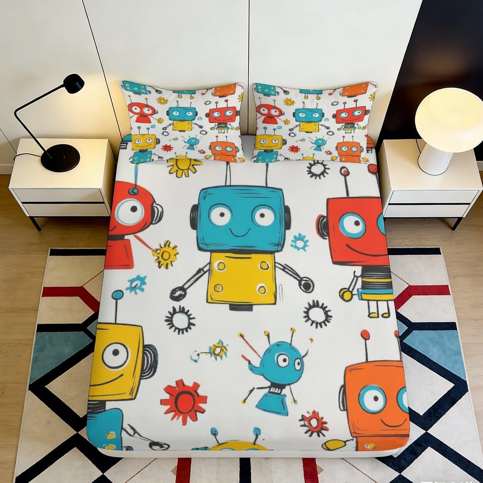 3D Printed Robots Pattern Fitted Sheet Microfiber Deep Pocket Bedroom Bedding Robots Mattress Fitted Cover Non-Slip Full Wrap for Adults Teens 200x200x25cm 90x200x25cm