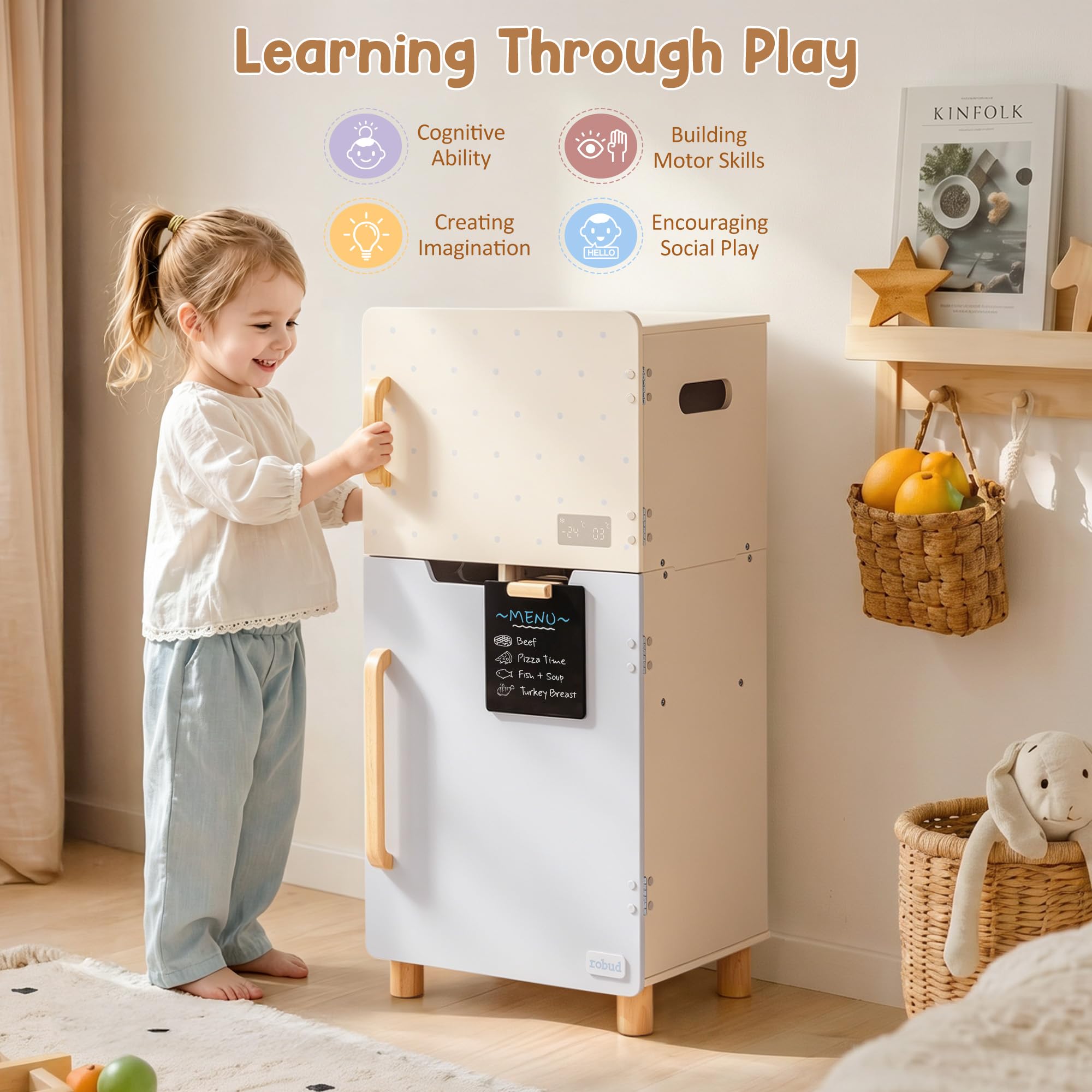 ROBUD Set da gioco con frigorifero in legno, frigorifero per giochi di finzione per bambini con lavagnetta, congelatore e accessori, frigorifero giocattolo bambini bambine 3+