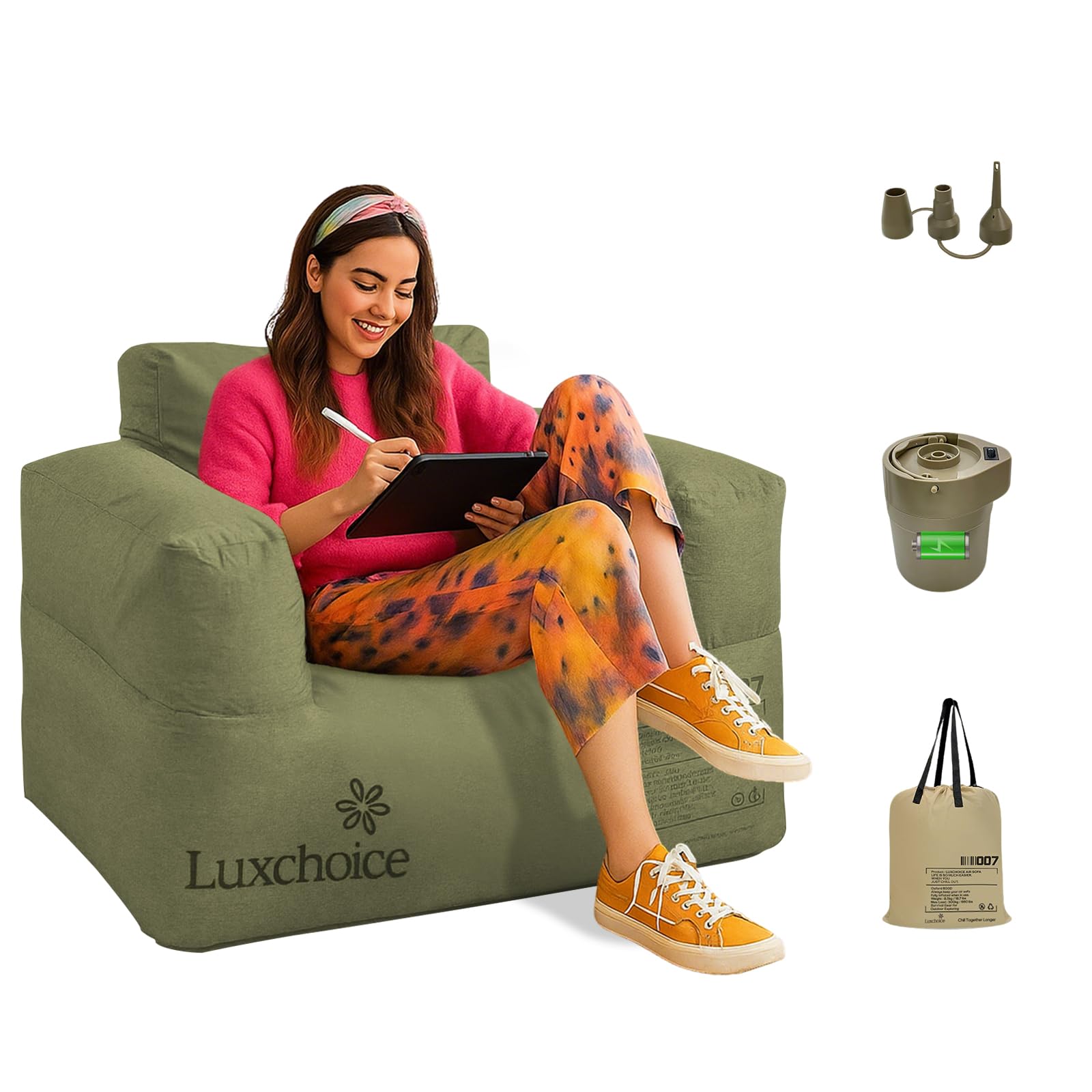 Inflatable Chair for Camping with Pump Portable Single Blow Up Couch