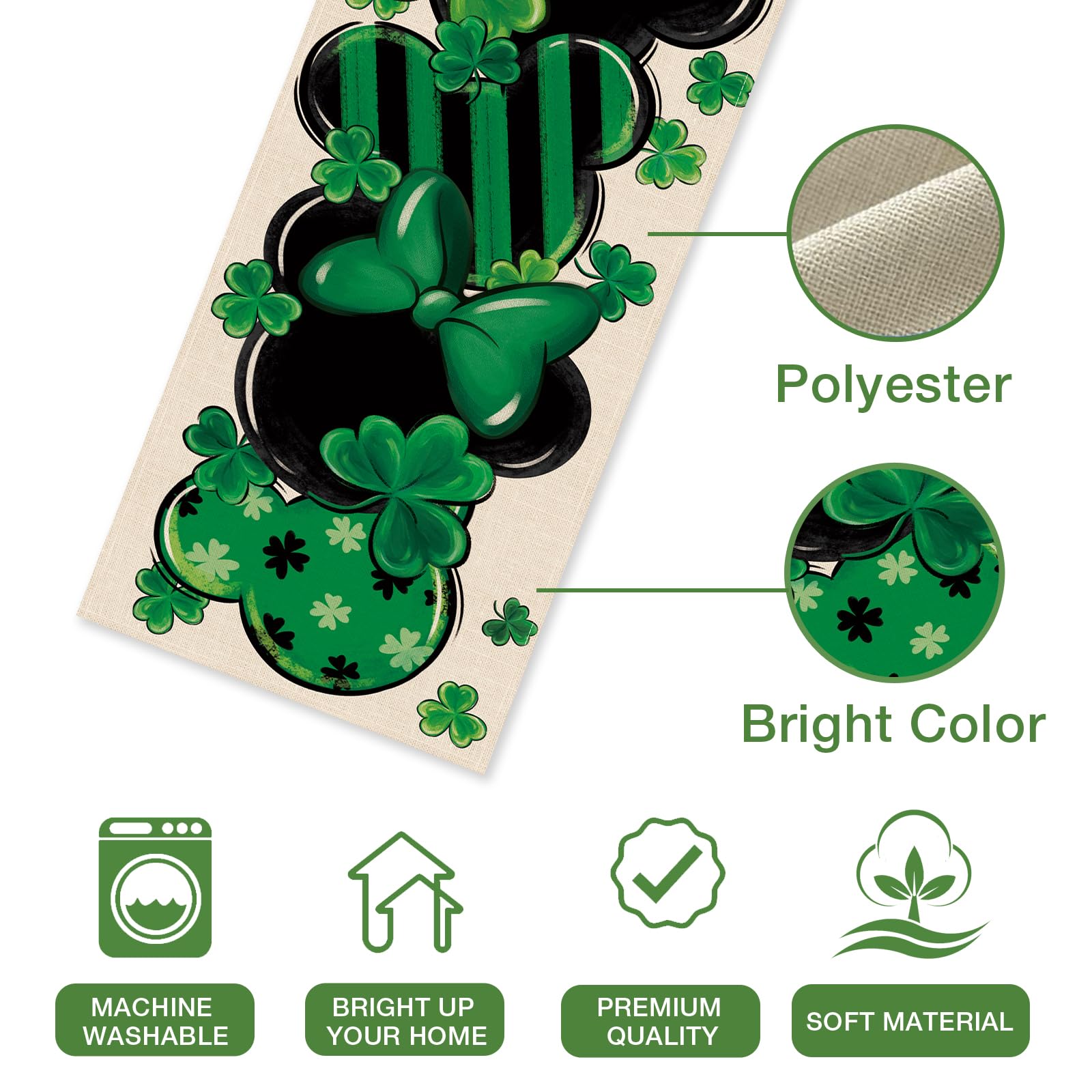 Seliem St. Patrick's Day Table Runner, Shamrock Clover Top Hat Stripes Ladybug Kitchen Dining Table Decor, Irish Spring Home Decoration Indoor Outdoor Party Supply 13 x 60 Inches