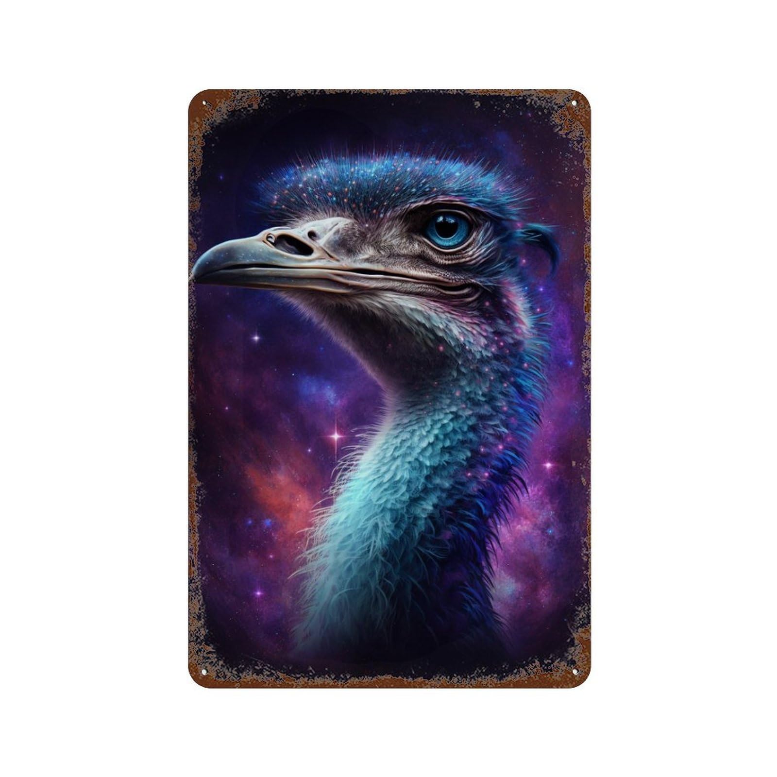 Rust Effect Cosmic Ostrich Portrait Distressed Metal Wall Sign 11.8"x7.9", Shabby Chic Decor for Pub, Kitchen And Man Cave Decor