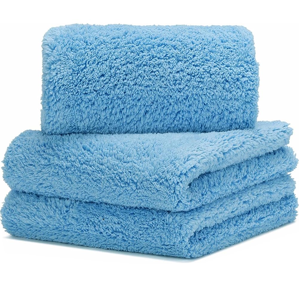 HIDMD Microfibre Car Drying Towels Absorbent Large Car Cleaning Cloths Plush Thick Washing Auto Detailing 380gsm 40CM x 60CM 3 Pack Light blue