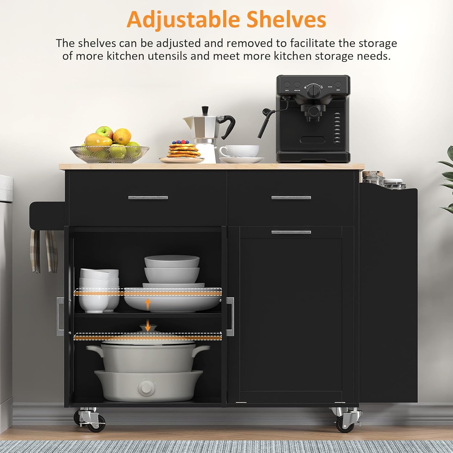 Bigbiglife Kitchen Island with Storage, 50.8" Rolling Kitchen Island Cart with Drop Leaf & Storage - Mobile Kitchen Organizer with Wheels, Rubberwood Top, Trash Can Cabinet & Towel Rack, Black