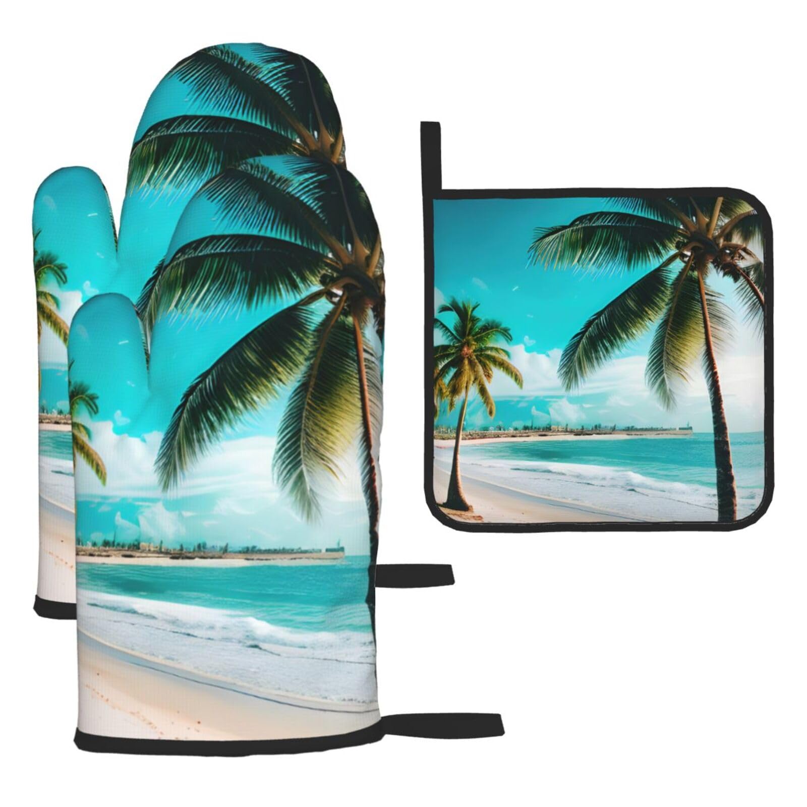 Beach Palm Trees Print Oven Mitts Kitchen Gloves Set Everyday Baking Grilling Microwaving Cooking Gift