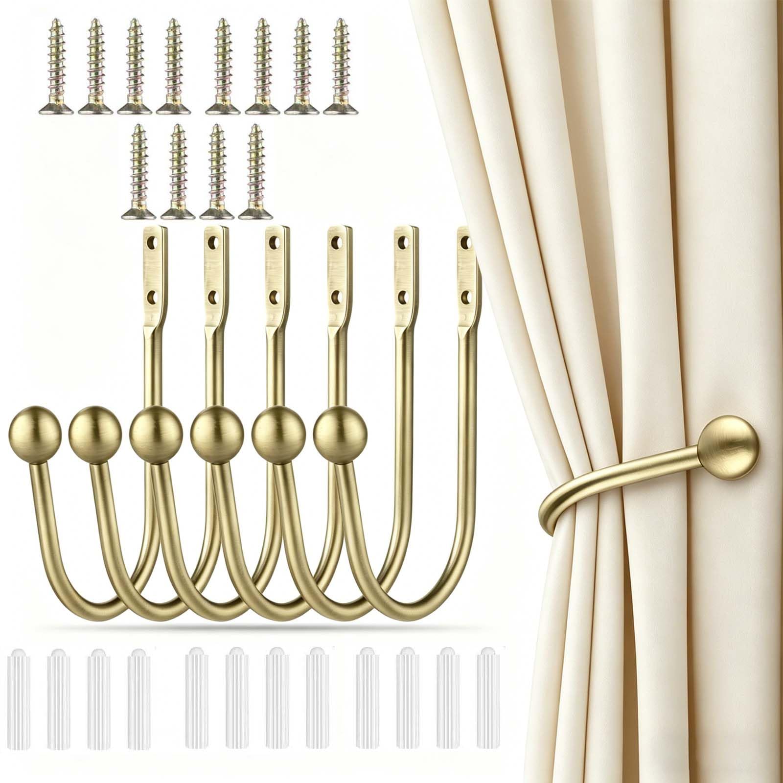 Curtain Tieback Holdbacks, 6pcs Metal Curtain Hooks for Wall Mounted, Curtain Drapery Holder Pull Backs for Hanging Items, Window Decoration, Antique Brass