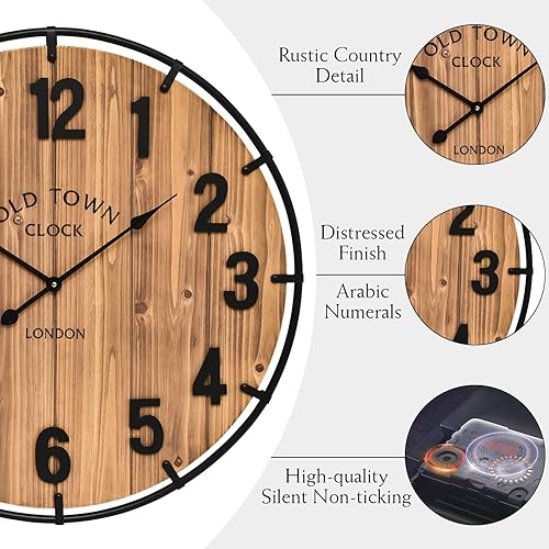 Miniatura 7 de Reloj de pared grande de 20 pulgadas con diseño rústico de madera antigua con círculo de metal y números grandes, silencioso, funciona con pilas,