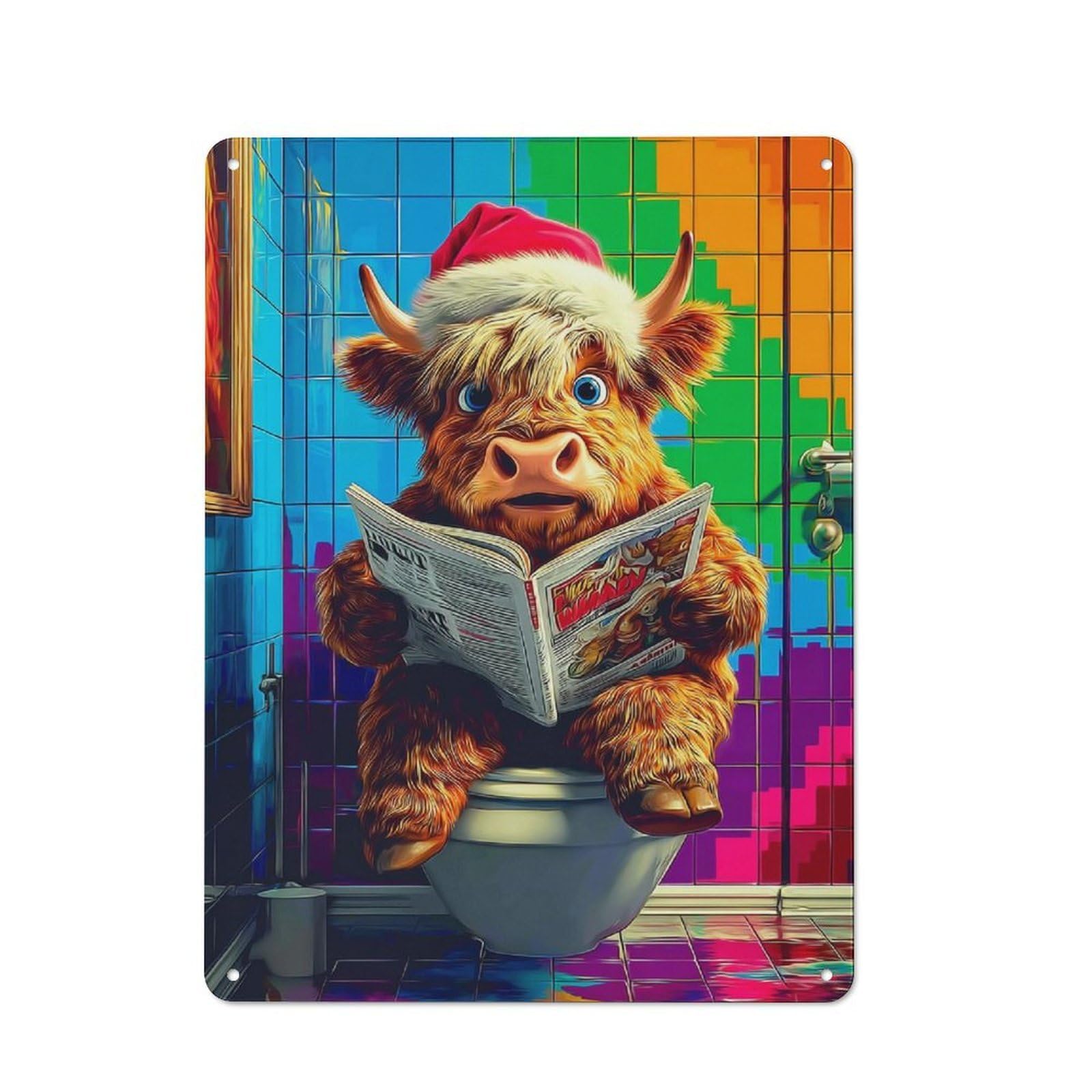 Junmoney Christmas Cow Reading Comic On Toilet Rustic Tin Sign 40X30cm Featuring For Garage Or Workshop, For Garage, Workshop And Man Cave Decoration