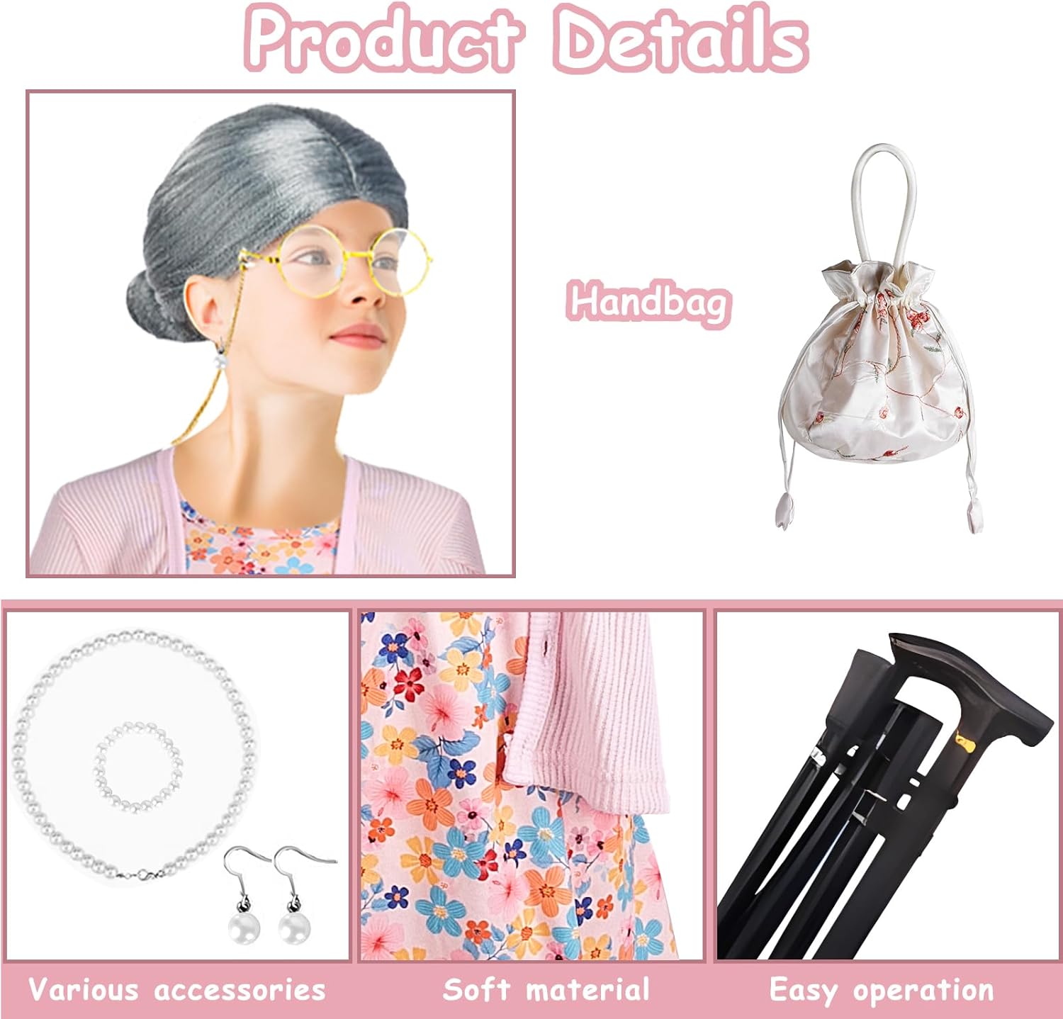 Kid 100th Day of School Costume, Old Lady Costume for Girls, 100 Days of School Costume Grandma Granny Wig Accessories Outfit - Image 4