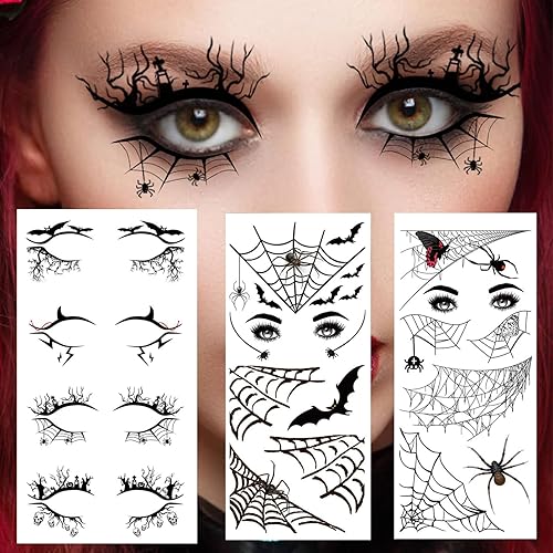 4 pares de calcomanías de tatuaje temporales para sombra de ojos de Halloween, calcomanías delineadoras de ojos con telaraña, calavera y