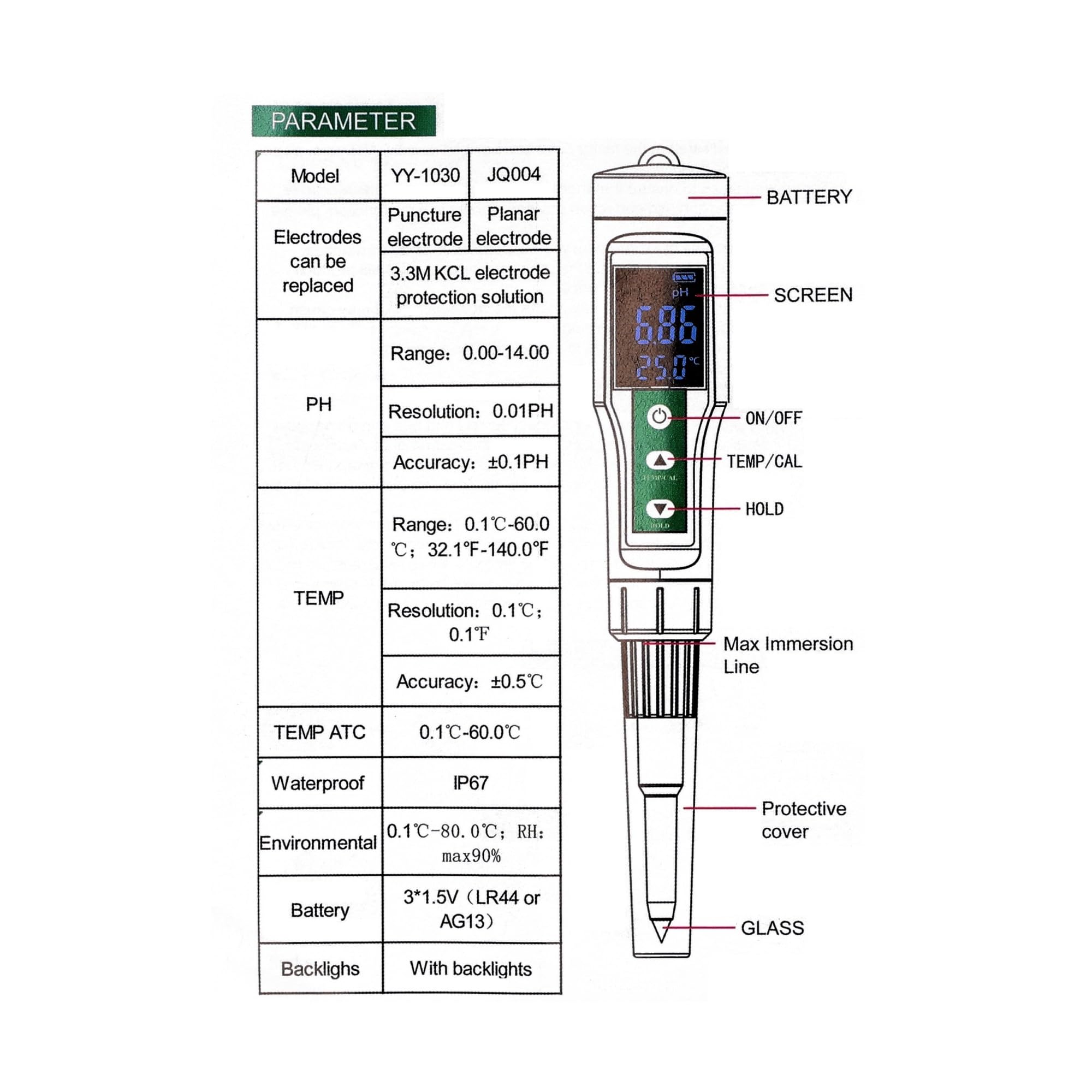 Medidor de PH alimentos for bebés con pantalla Digital YY-1030, alcalímetro masa, Detector for cosméticos y queso, medidor matriz del suelo, Probador preciso(YY-1030)