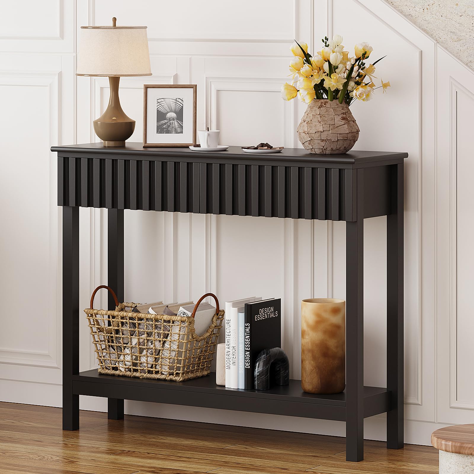 Trironsun Tavolo consolle sottile con 2 cassetti e ripiano, moderno tavolo in legno per corridoio, soggiorno o dietro il divano (nero, 2 cassetti)