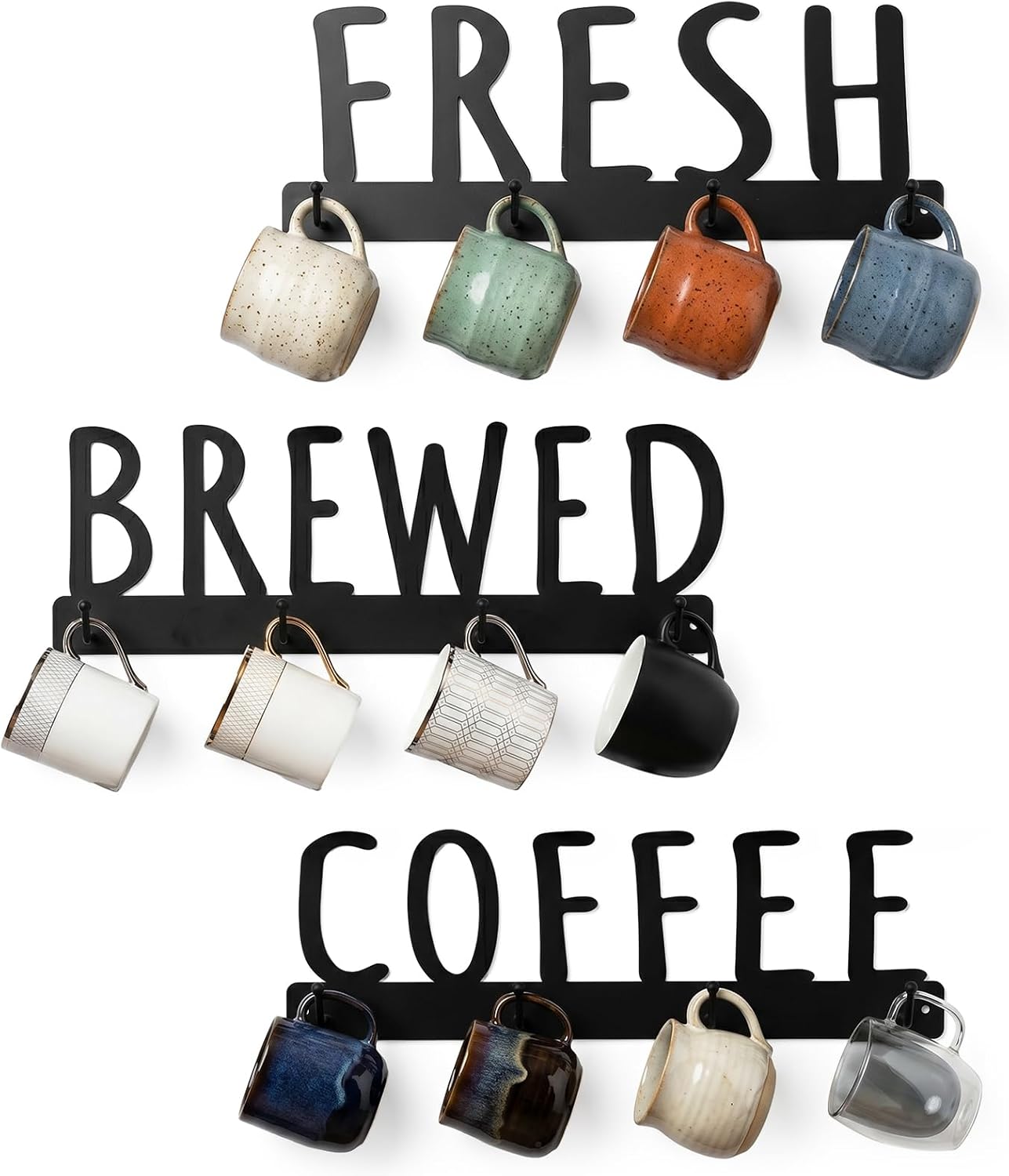 Hicarer 3 Pack Coffee Mug Rack Wall Mounted, 12 Hook Metal Mug Holder