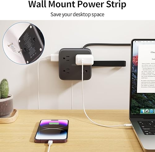 Miniatura 5 de NTONPOWER Regleta de alimentación de enchufe plano, cable de extensión de 5 pies con múltiples tomas, 8 tomas de corriente amplias con 3 USB (1 USB