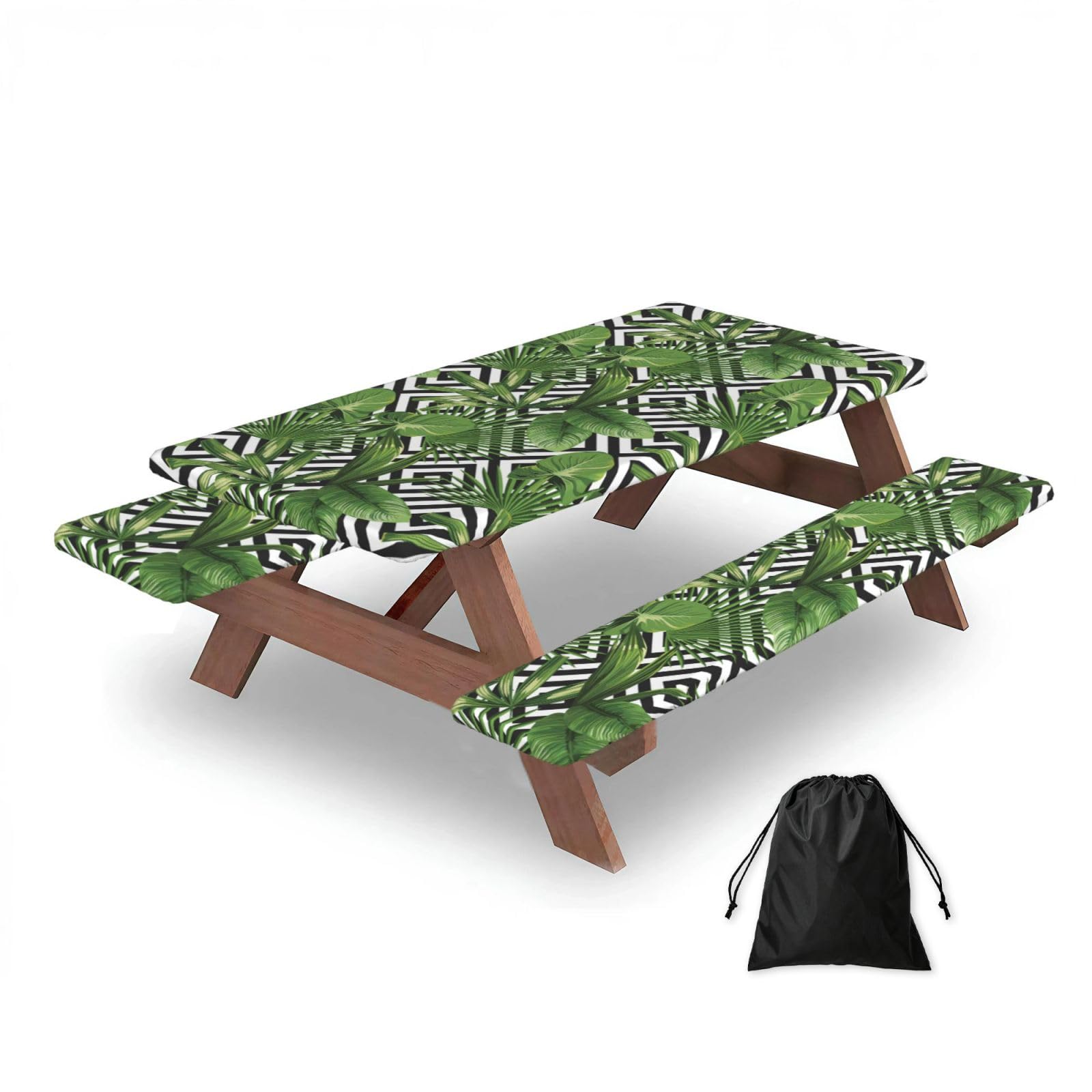 Dopklna As Picture Print Summer Exotic Tropical Plants Tropical Pattern, Picnic Table Cover With Bench Covers -Waterproof Elastic Fitted Tablecloth For Garden Camping Patio 76X152cm
