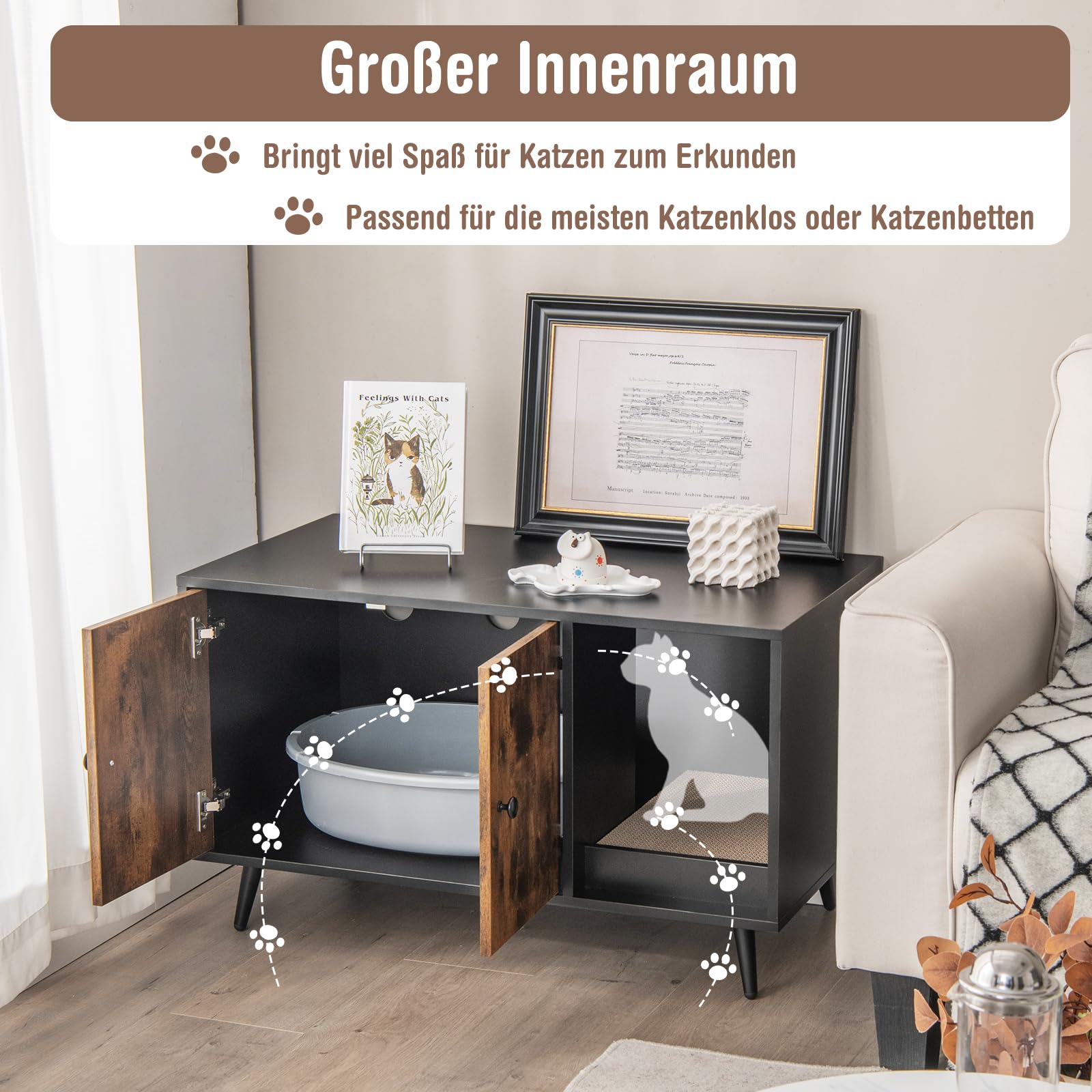COSTWAY Katzenschrank für Katzentoilette, 2 in 1 Beistelltisch Katzenhaus, Katzenklo Schrank mit Kratzbrett & 2 Türen & Eingang, Katzenmöbel für Katzen Hunde Haustier, 90x50x54cm (Vintage)