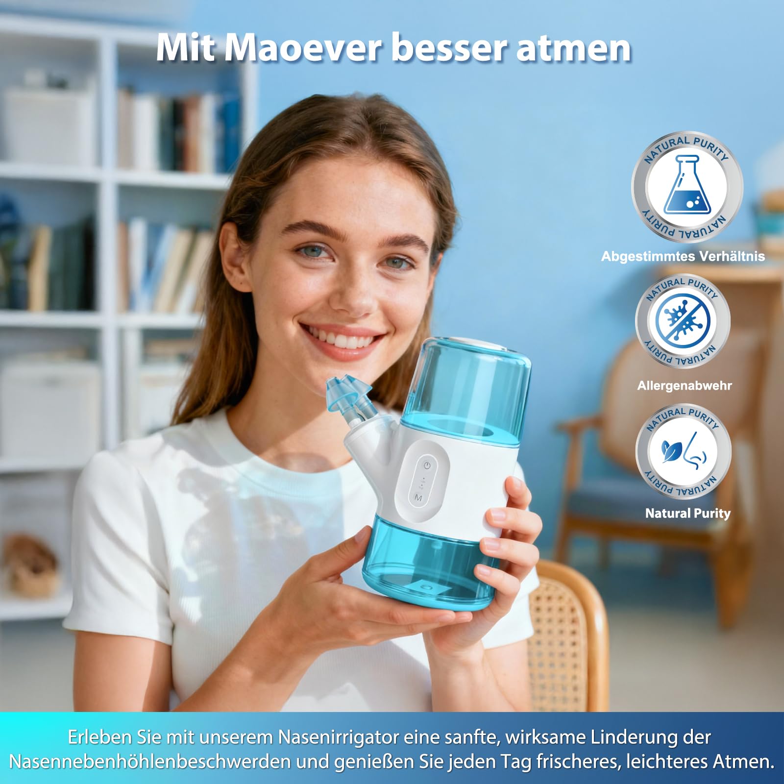 Nasenspülsystem - Sinusspülmaschine mit Dual-Wassertank, automatischer Abfallsammlung & einstellbarem Wasserfluss - Nasenspüler für Allergielinderung, Verstopfung & Nebenhöhlenpflege(297ml)