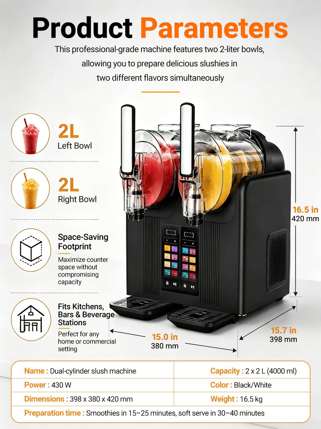 Doble Cámara Margaritas y Dispensador de Helado Soft, 2L Cada Una Black | Prepara Granizado en 15-25 Min y Helado Soft en 30-40 Min; 430 W, 7 Modos, Bloqueo Infantil y Depósitos PC Alimentarios HD