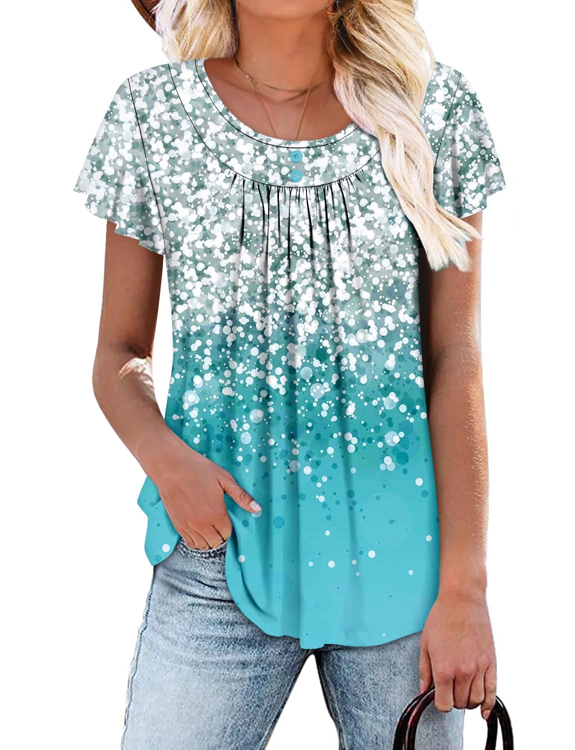 Angerella Women Tunic Tops Dressy Casual Summer Short Sleeve Shirts Floral Loose Fit Pleated Boho Top S-3XL