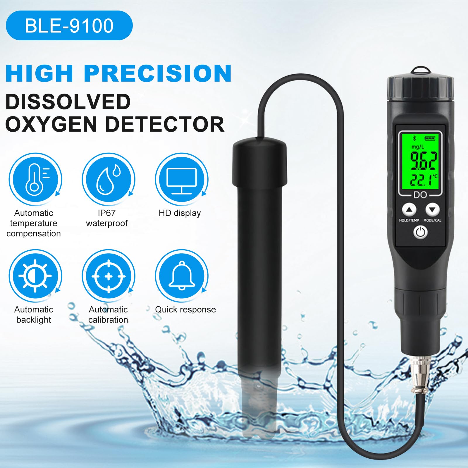 Détecteur d'oxygène Bluetooth pour l'eau Détecteur d'oxygène dissous pour l'eau Applicable aux bassins à poissons Aquarium Aquaculture BLE-9100 (comprend une poudre électrolytique)