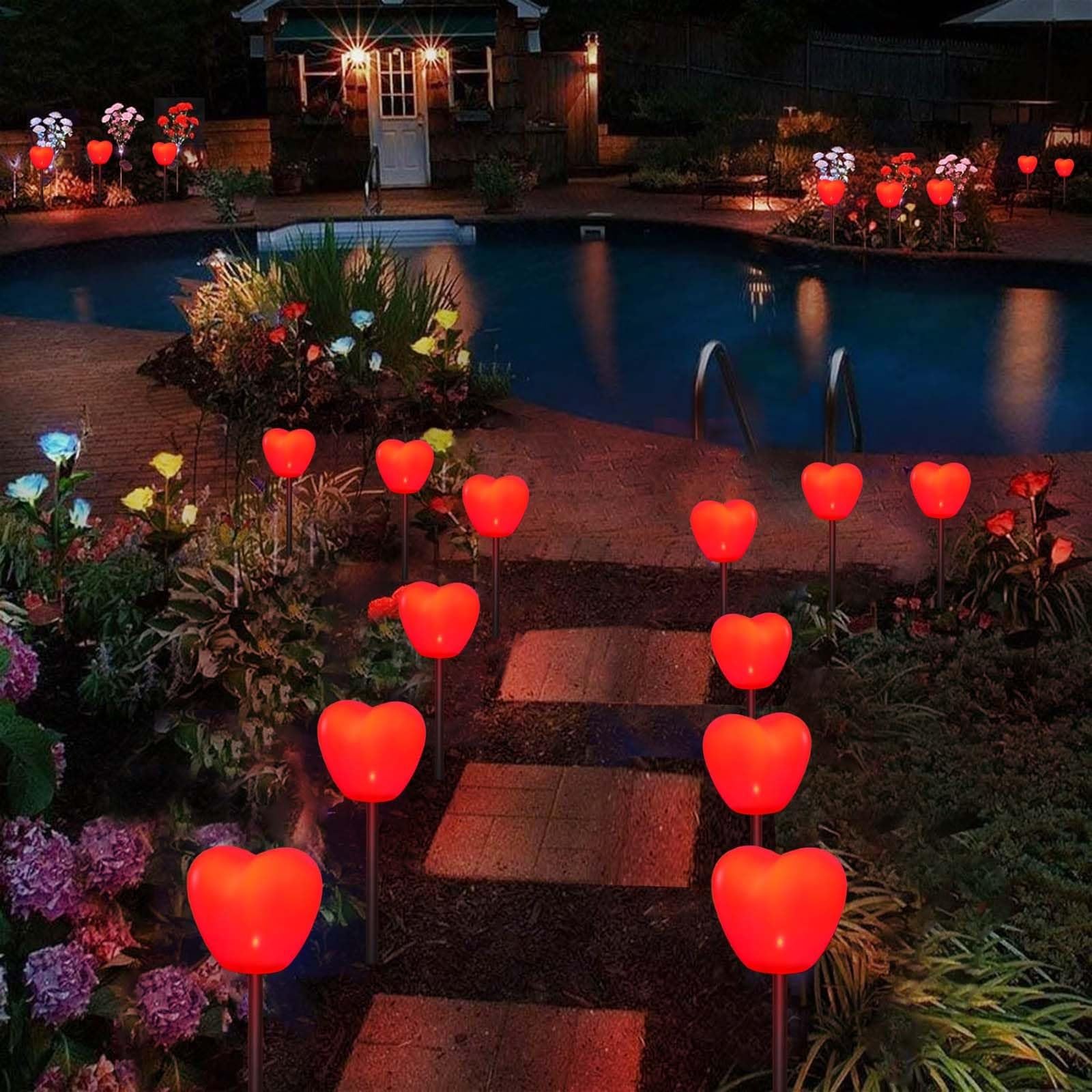 4 Pack Solar Red Heart Stake Lights for Valentines Day Decor, Outdoor Waterproof Heart Shaped Light for Garden Pathway Flowerbed Cemetery Grave Porch Walkway (B)