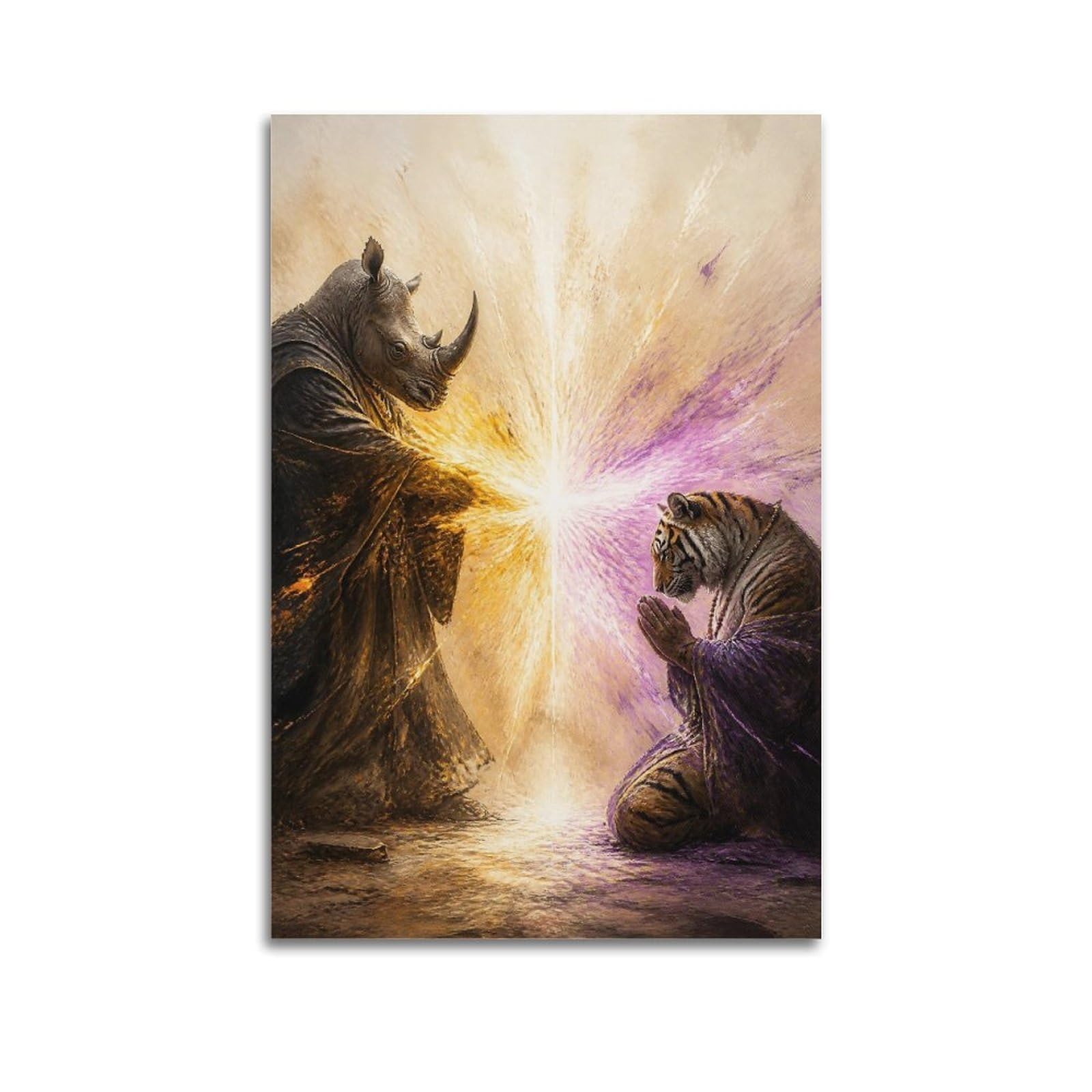 XKUGA Surreal Renaissance Animal Poster Rhinoceros Tiger Sacred Duel Modern Decorative Canvas Prints - Ideal Wall Art for Family, Man Cave, Game Room, Boys & Girls Bedroom 20x30inch(50x75cm)