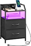 HOOBRO Nightstand with Charging Station, Bedside Table with 1 AC Outlet, 1 USB Port, and 1 Type-C Port, Night Stand with LED Light Strip and Non-Woven Drawers, for Bedroom, Black BB012UDBZ01