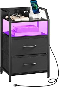 HOOBRO Nightstand with Charging Station, Bedside Table with 1 AC Outlet, 1 USB Port, and 1 Type-C Port, Night Stand with LED Light Strip and Non-Woven Drawers, for Bedroom, Black BB012UDBZ01