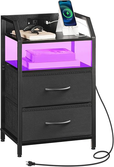 HOOBRO Nightstand with Charging Station, Bedside Table with 1 AC Outlet, 1 USB Port, and 1 Type-C Port, Night Stand with LED Light Strip and Non-Woven Drawers, for Bedroom, Black BB012UDBZ01