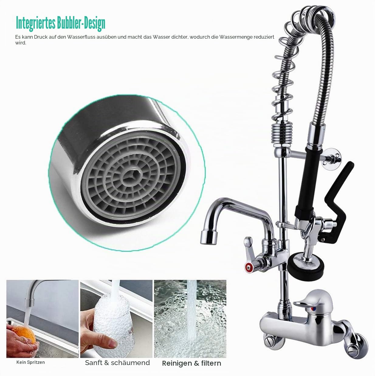 Gastro Wasserhahn Gastronomie Küchenarmatur I 4-8zoll Zweiloch Wandmontage I Singlegriff Schalten | Gastro Handbrause mit Zubehör | 12 Zoll Schwenkauslauf | Gastro Küchenarmatur 47zoll Höhe