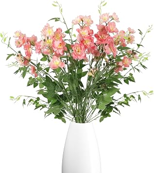 Pink Delphinium Artificial Flowers, 7PCS Delphiniums Silk Flowers with Clematis Leaves Long Stem Larkspur Flowers Fake Flowers for Tall Vase Wedding Centerpieces Home DecorPink
