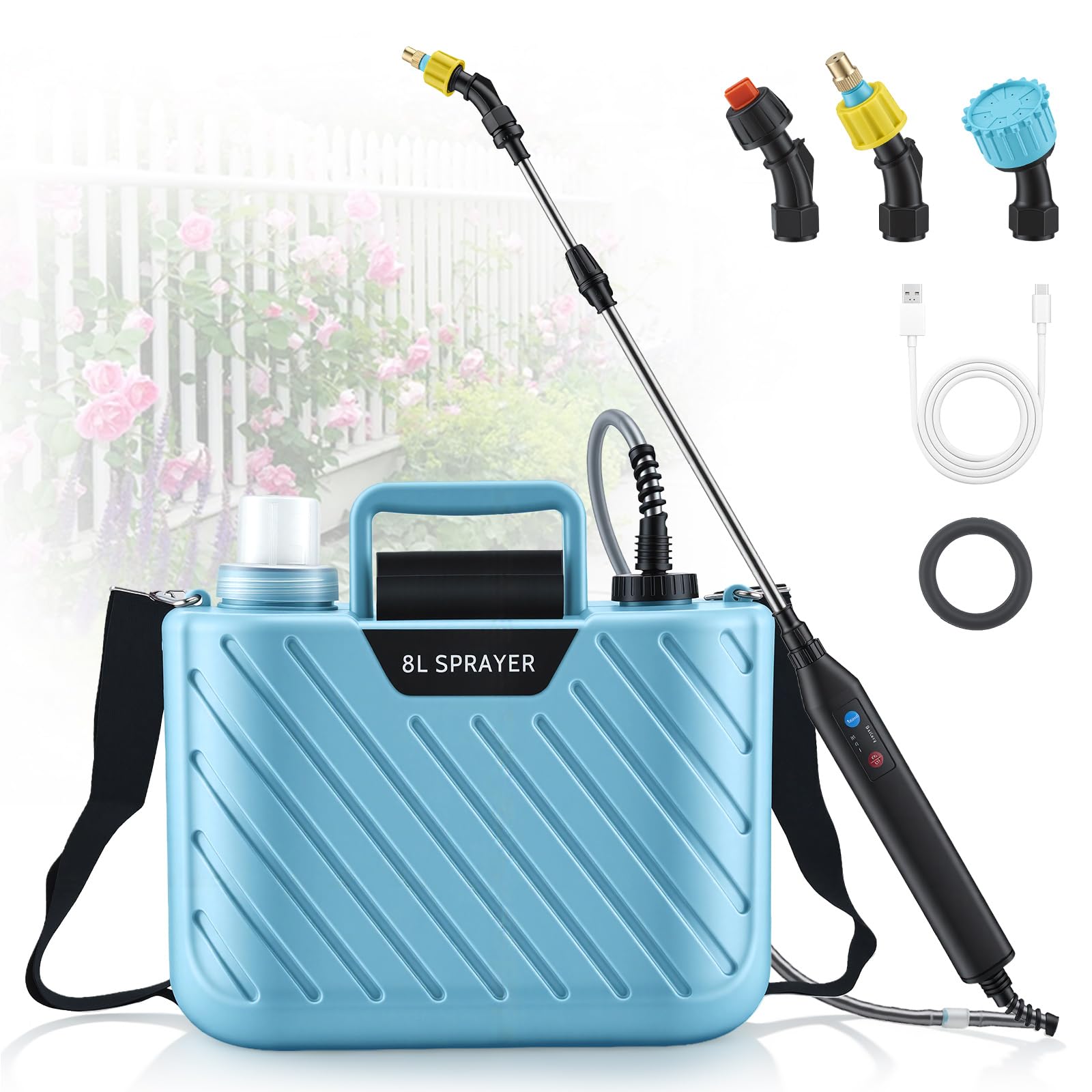 Spruzzatore a pressione da 8L, potente spruzzatore elettrico per piante da 7,4V con 3 ugelli e tracolla regolabile, impugnatura ricaricabile tramite USB e asta telescopica per diserbo e irrigazione