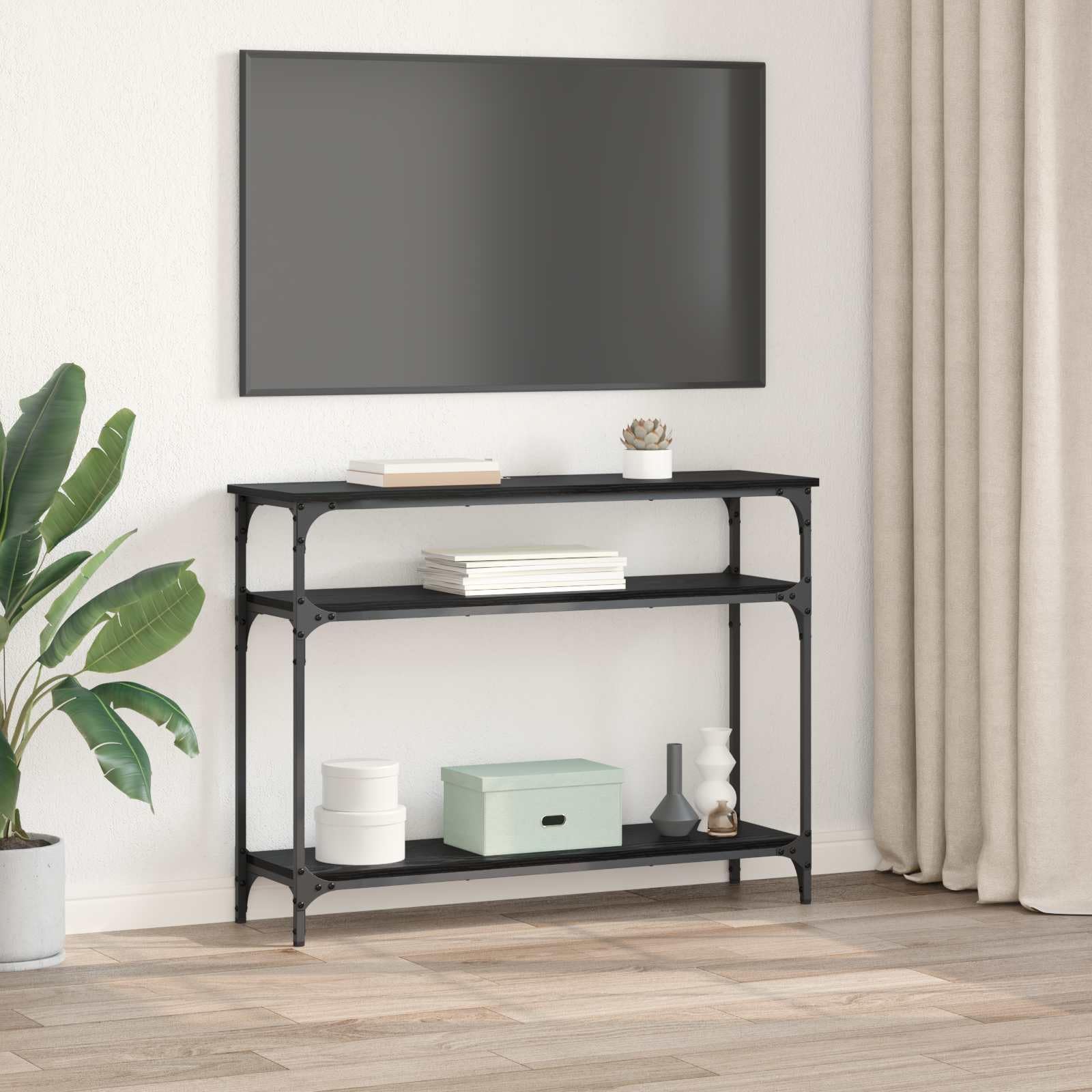 Stolik konsolowy z regałem o wyglądzie czarnego dębu, 100 x 29 x 75 cm, wykonany z materiału drewnopochodnego z metalową ramą, zajmuje mało miejsca, do salonu, korytarza, biura, miejsca do